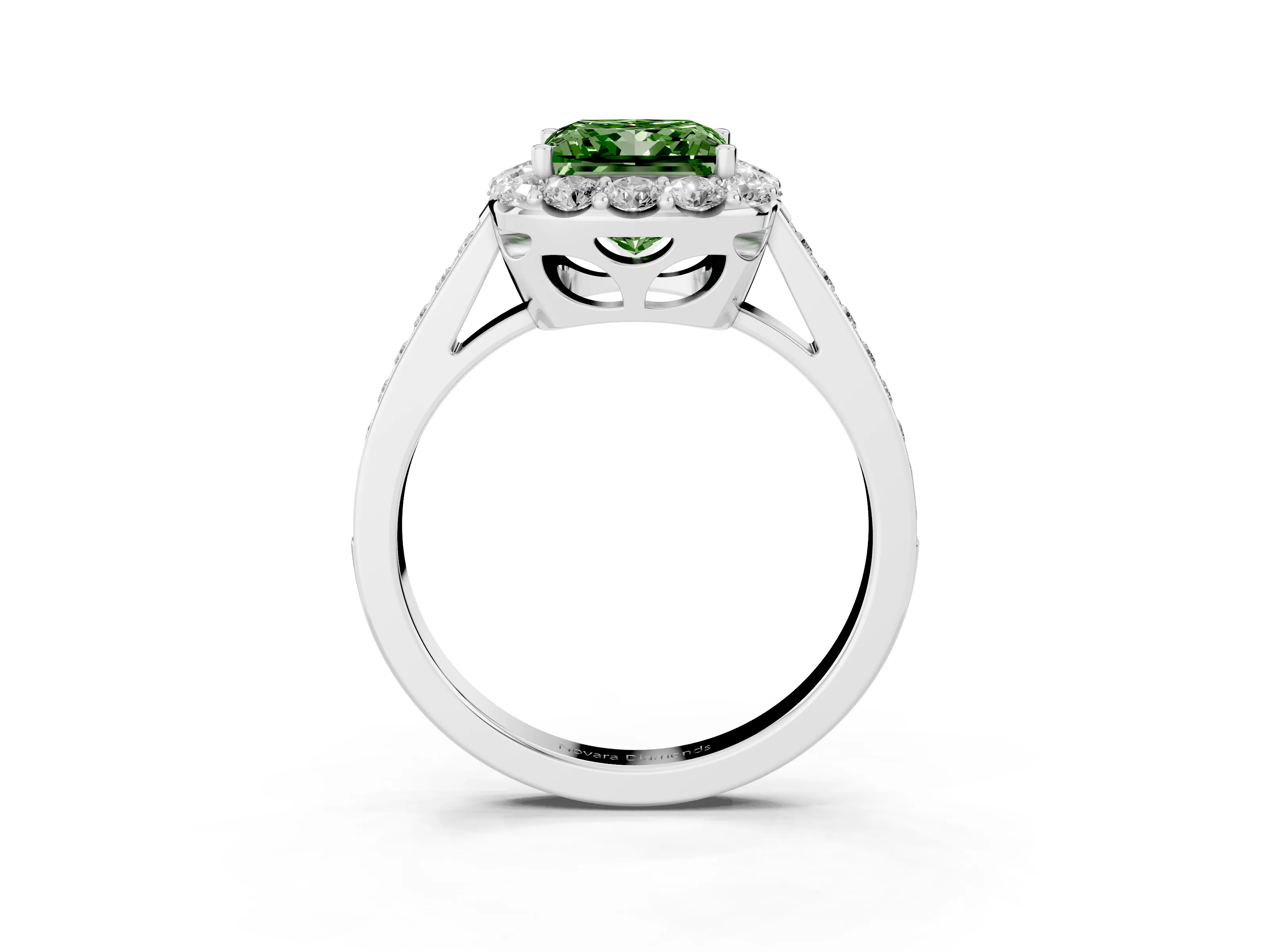 Fancy Green Princess Cut Diamond Floral Halo Ring Set in Silver with Pavé Band and Prong Setting