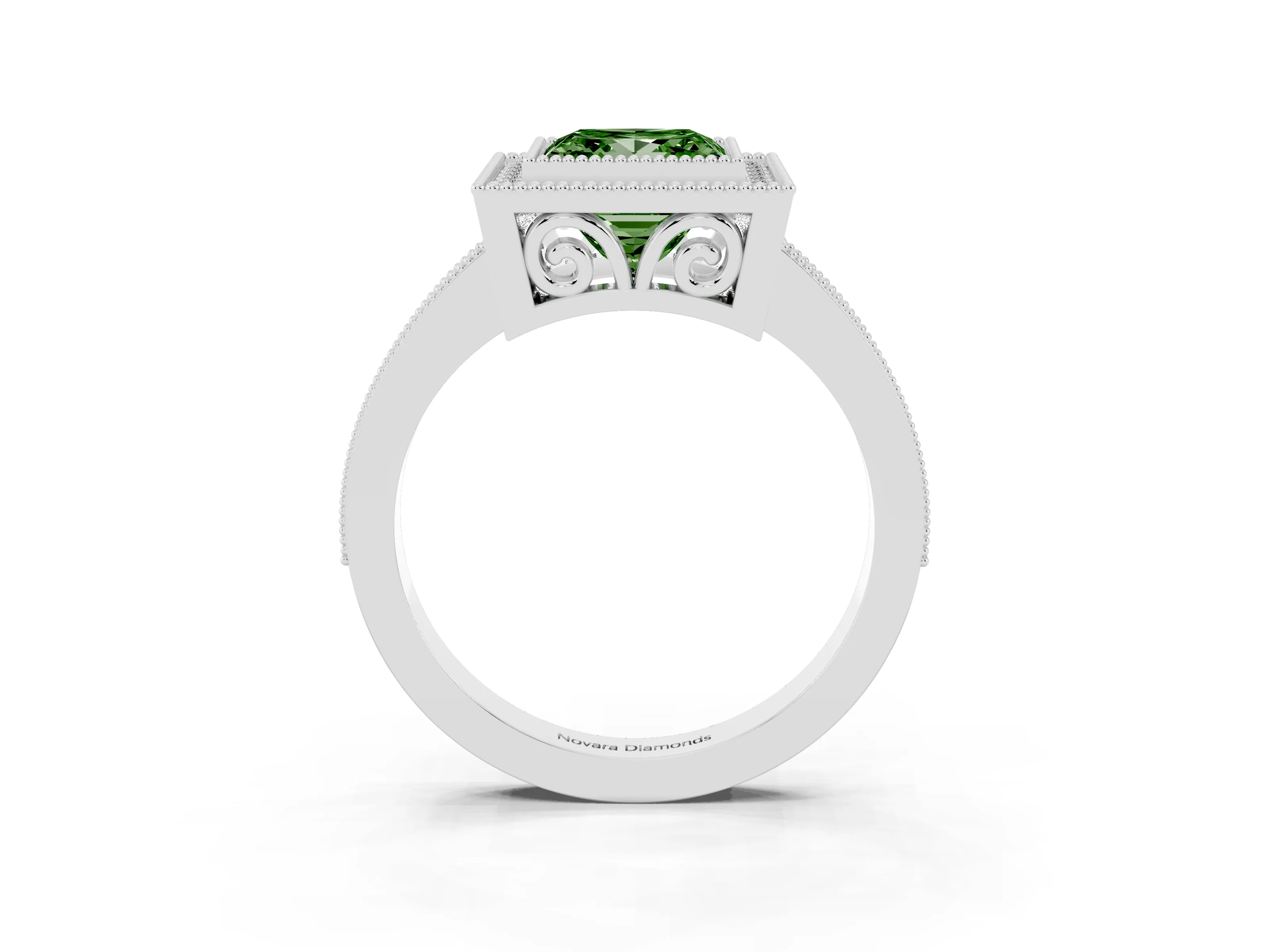 Fancy Green Princess Cut Diamond Halo Ring Set in White gold with Pavé Band and Milgrain-Edged Prongs