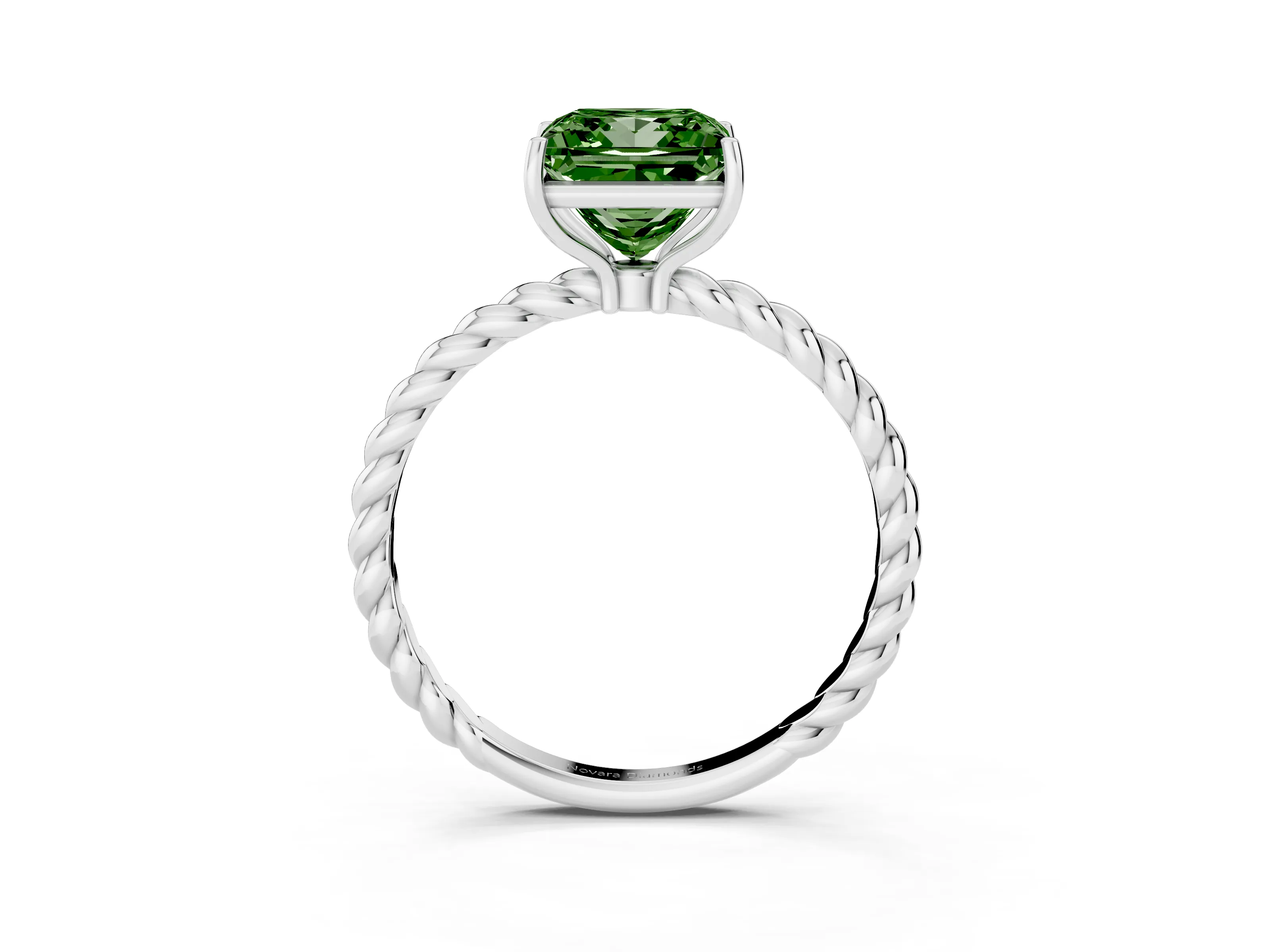 Fancy Green Princess Cut Diamond Solitaire Ring Set in White gold with Twist Band and Prong Setting