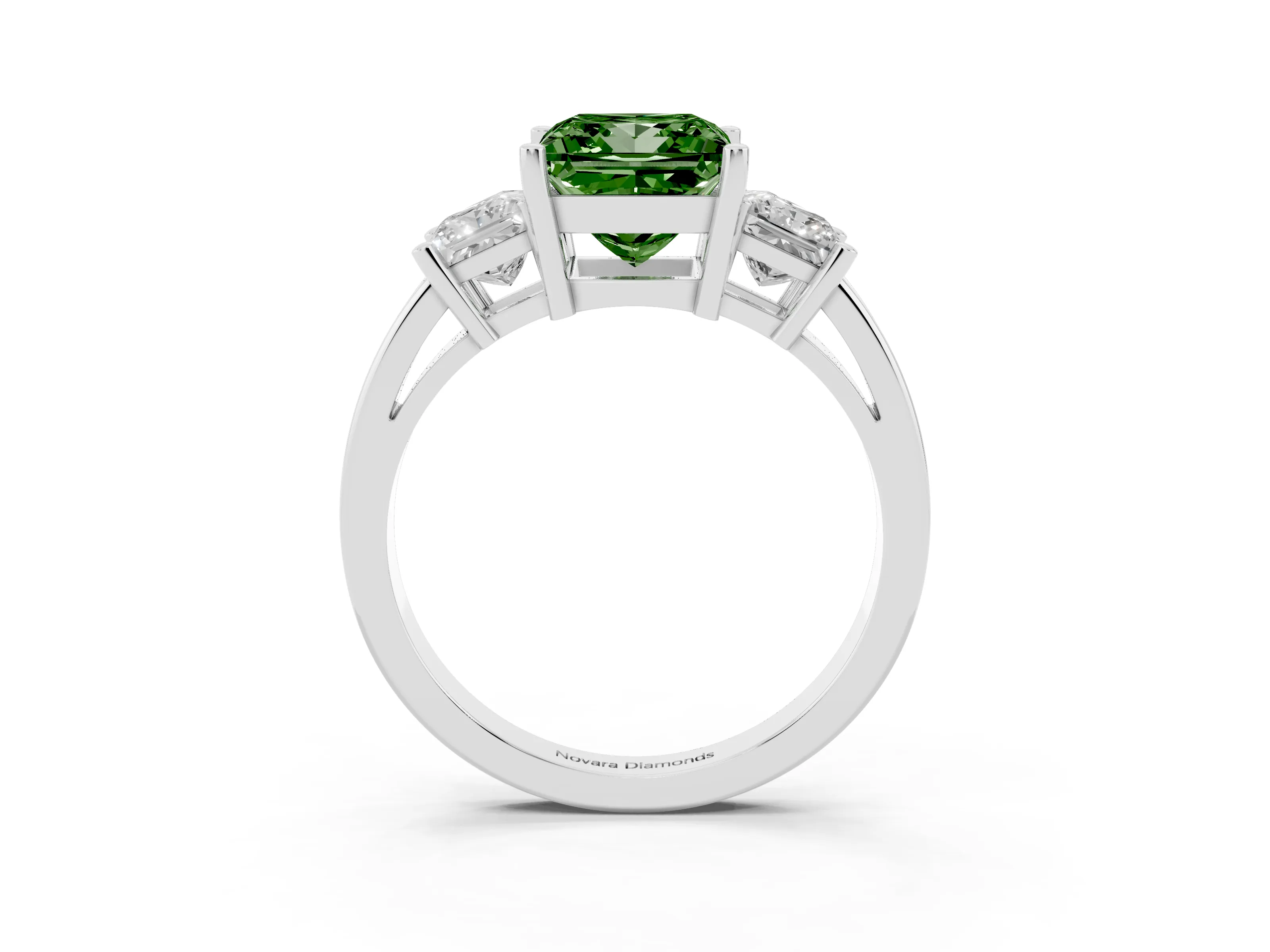Fancy Green Three-Stone Princess Cut Diamond Solitaire Ring Set in Platinum with Prong Setting