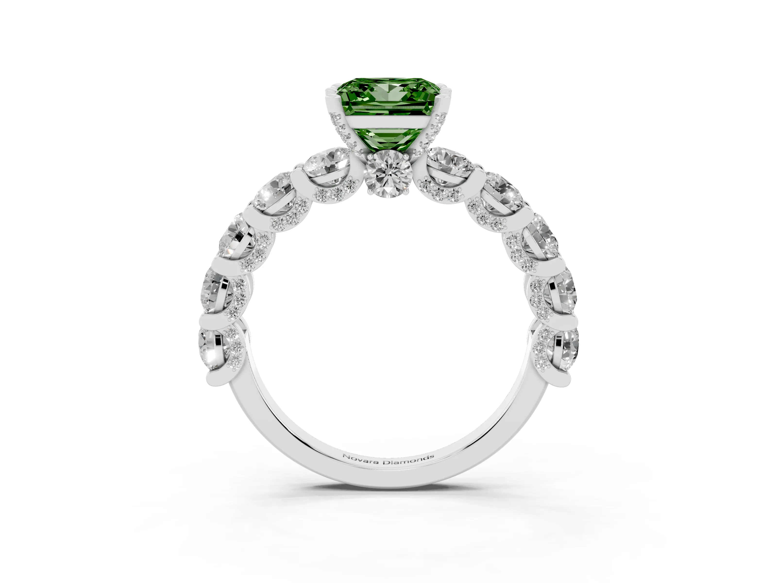 Fancy Green Princess Cut Diamond Side Stone Ring Set in Platinum with Alternating Round and Oval Side Stones