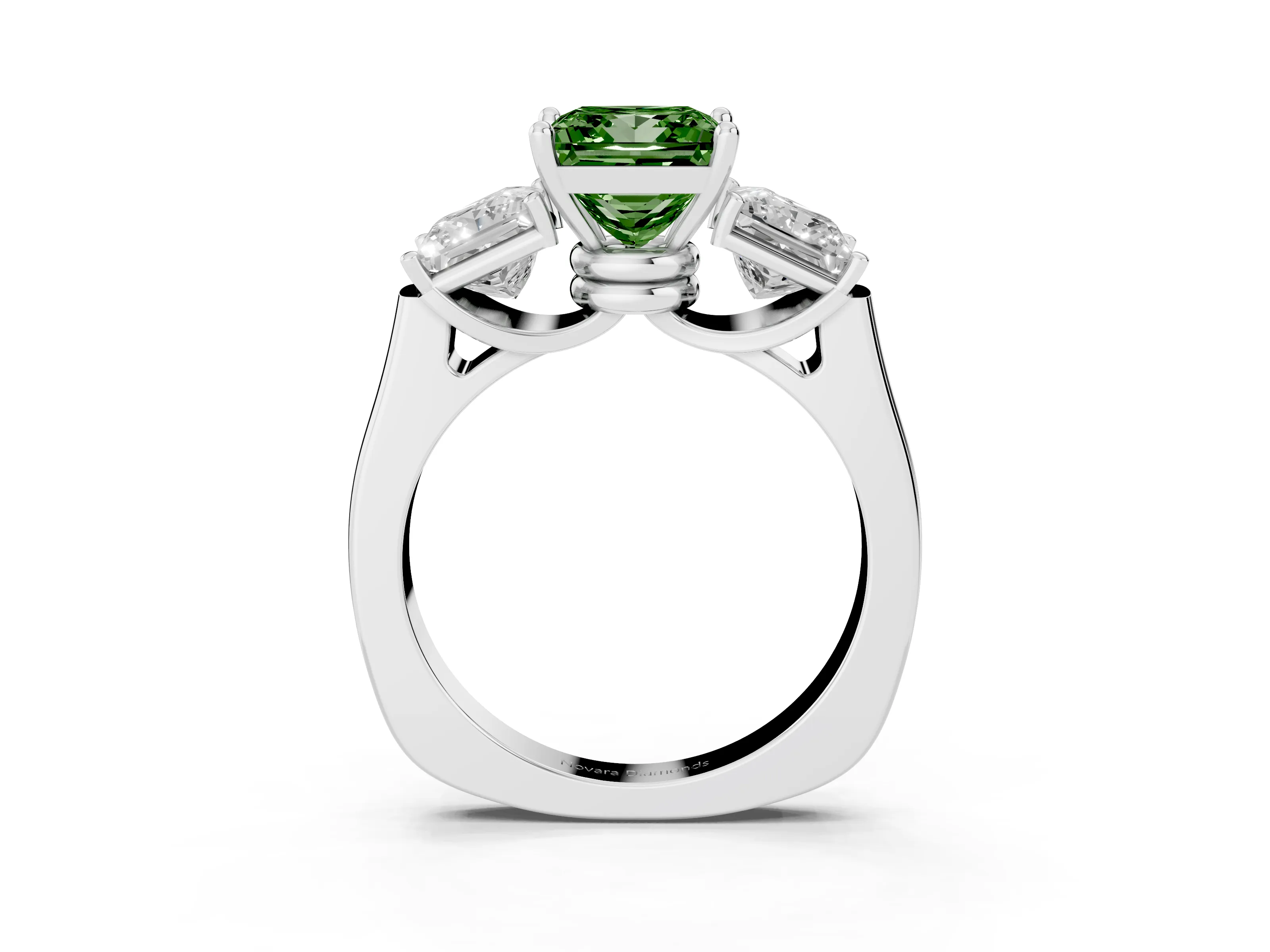 Fancy Green Princess Cut Diamond Three-Stone Trellis Ring Set in Silver with Comfort Fit Band