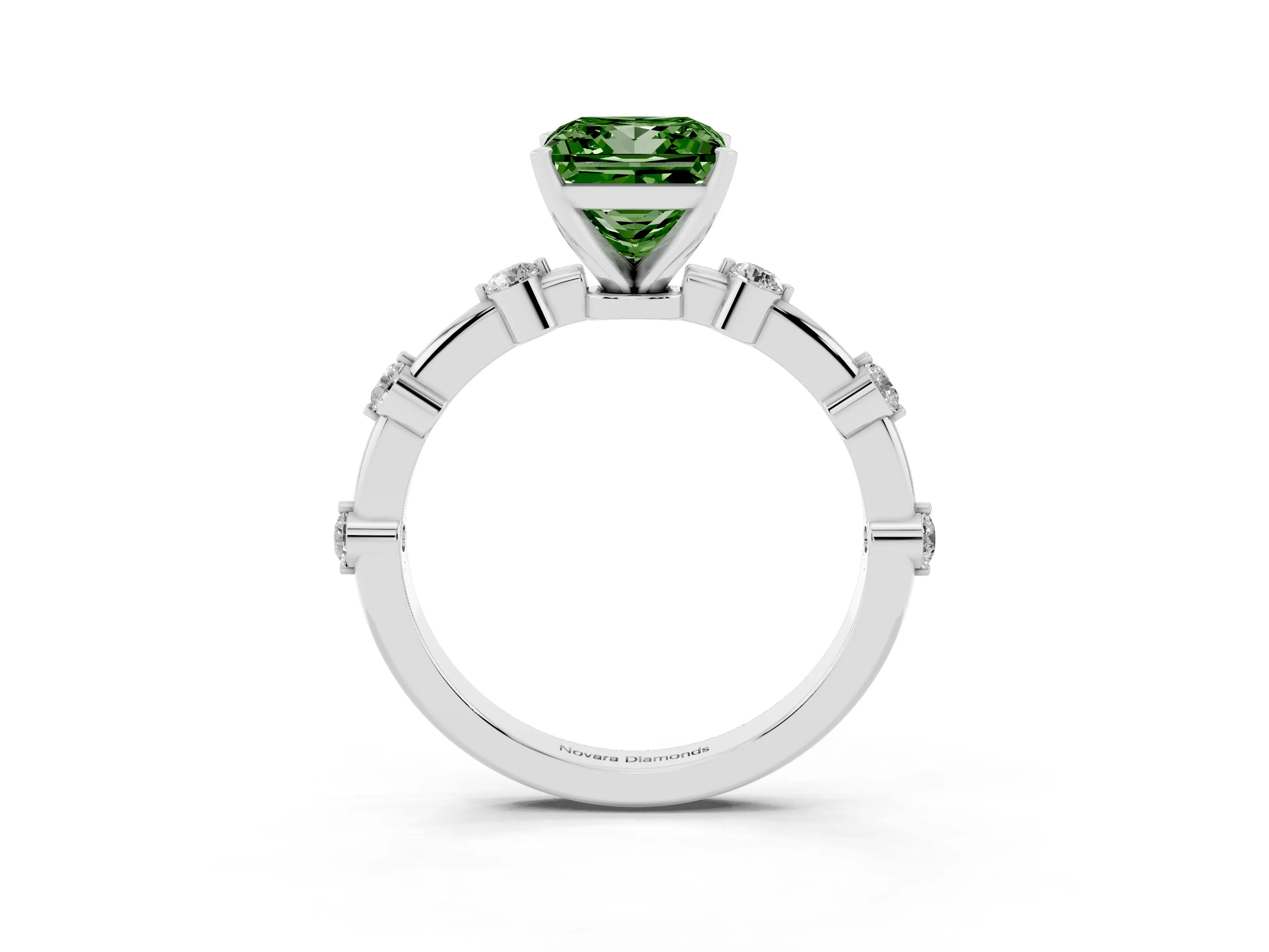Fancy Green Princess Cut Diamond Solitaire Ring Set in Platinum with Bezel Set Side Stones and Prong Setting
