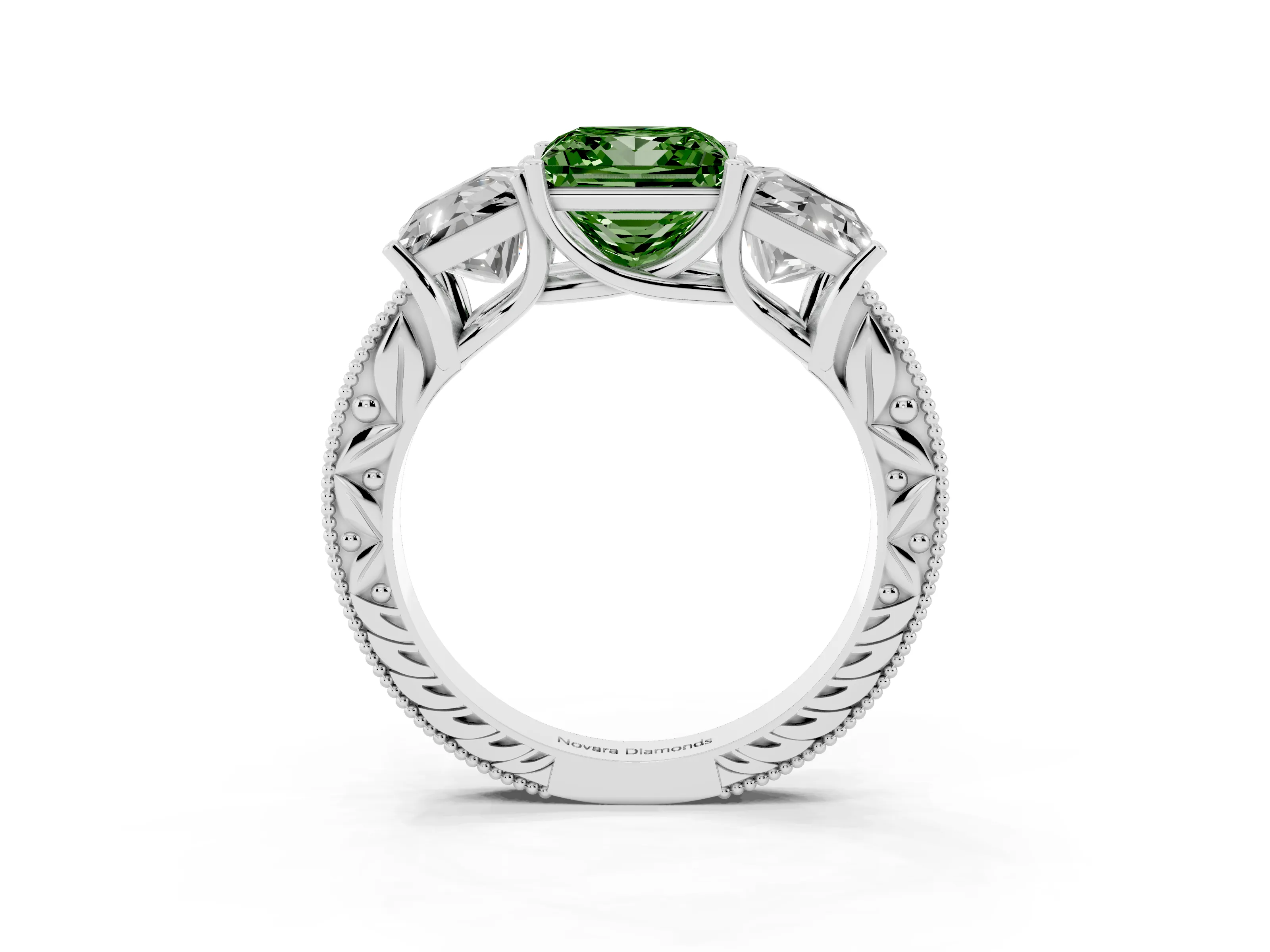 Fancy Green Princess Cut Diamond Three-Stone Engagement Ring Set in White gold with Milgrain Pavé Band