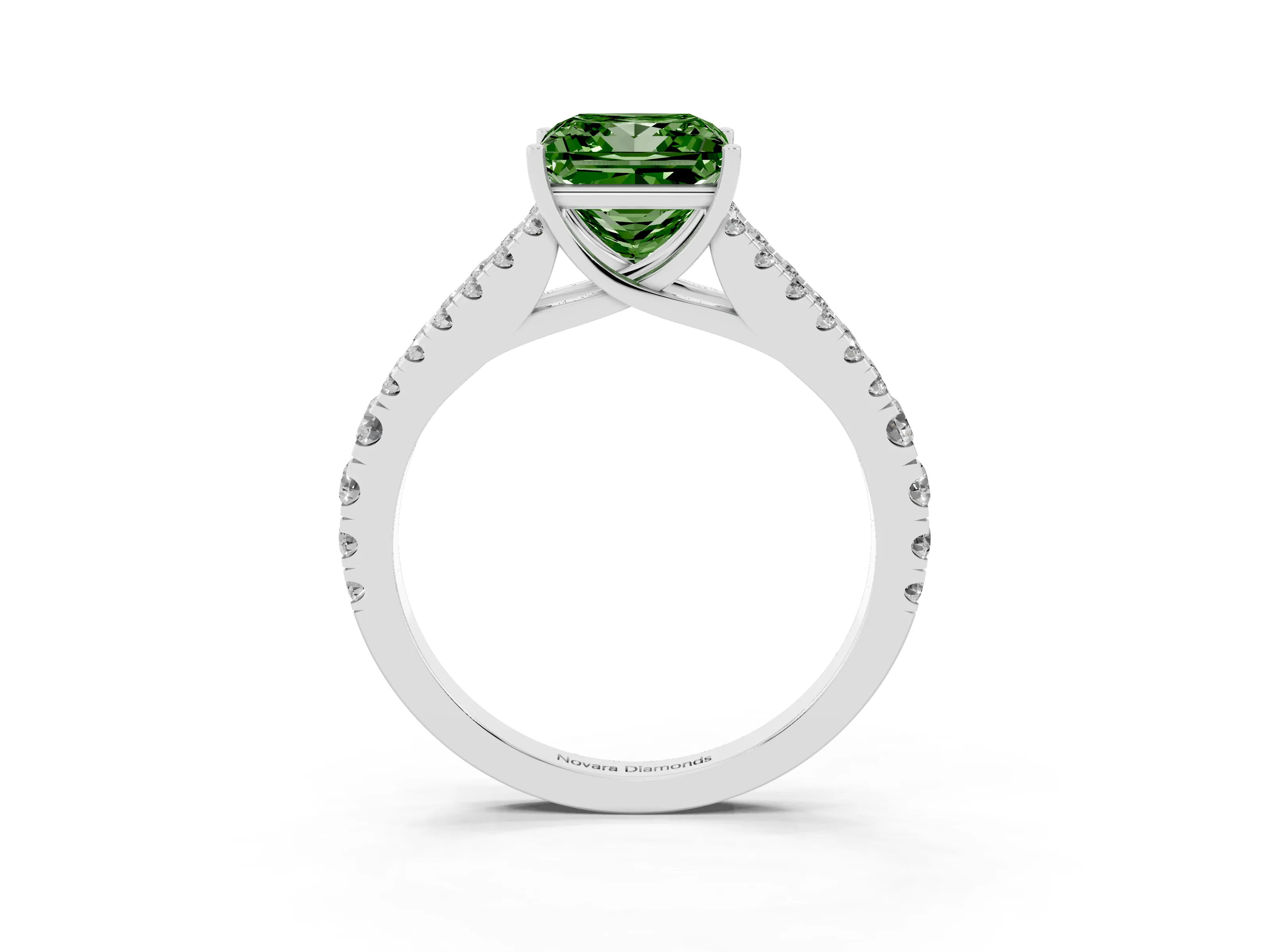 Fancy Green Princess Cut Diamond Split Shank Pavé Engagement Ring Set in White gold with Prong-Held Center Stone
