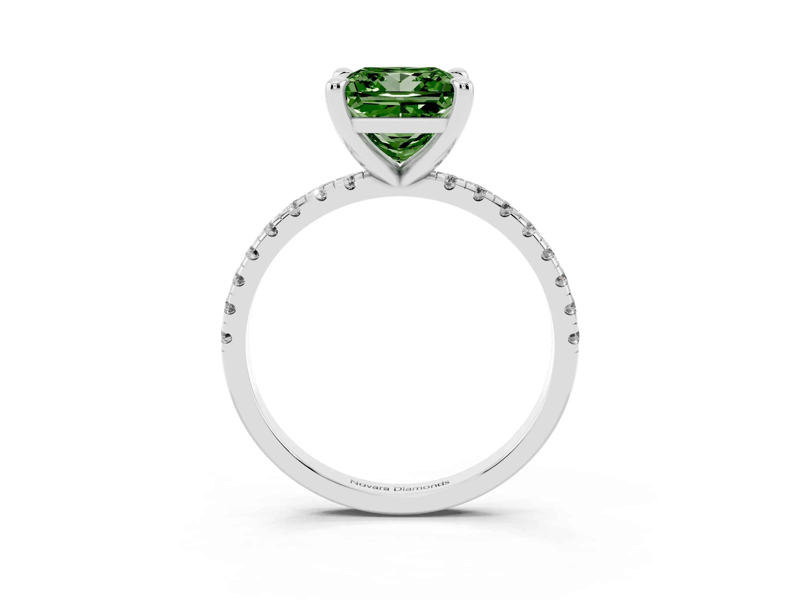 Fancy Green Princess Cut Diamond Brilliant Solitaire Ring Set in White gold with Pavé Band and Prong Setting
