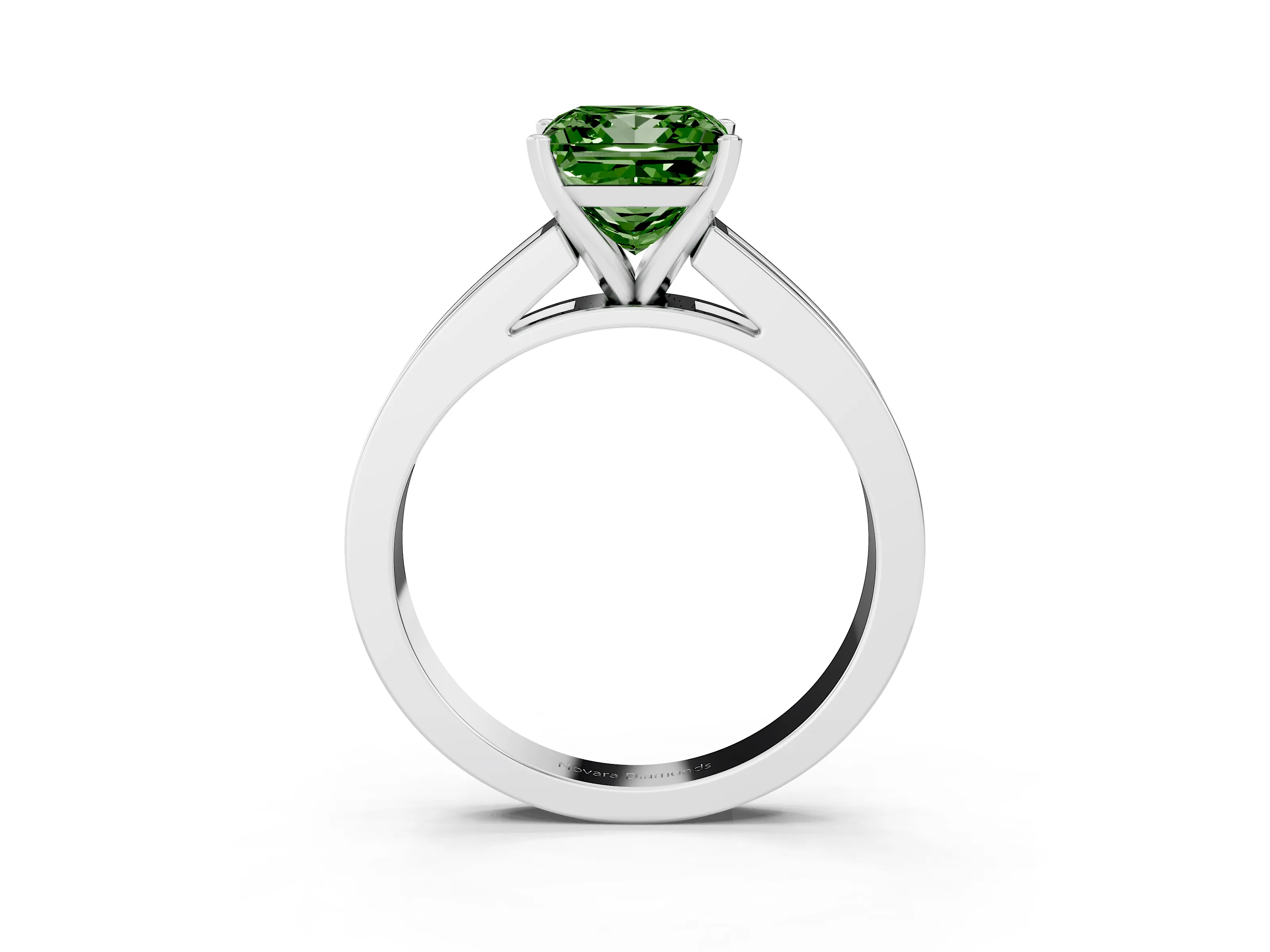 Fancy Green Princess Cut Diamond Solitaire Ring Set in Platinum with Channel-Set Band and Prong Setting