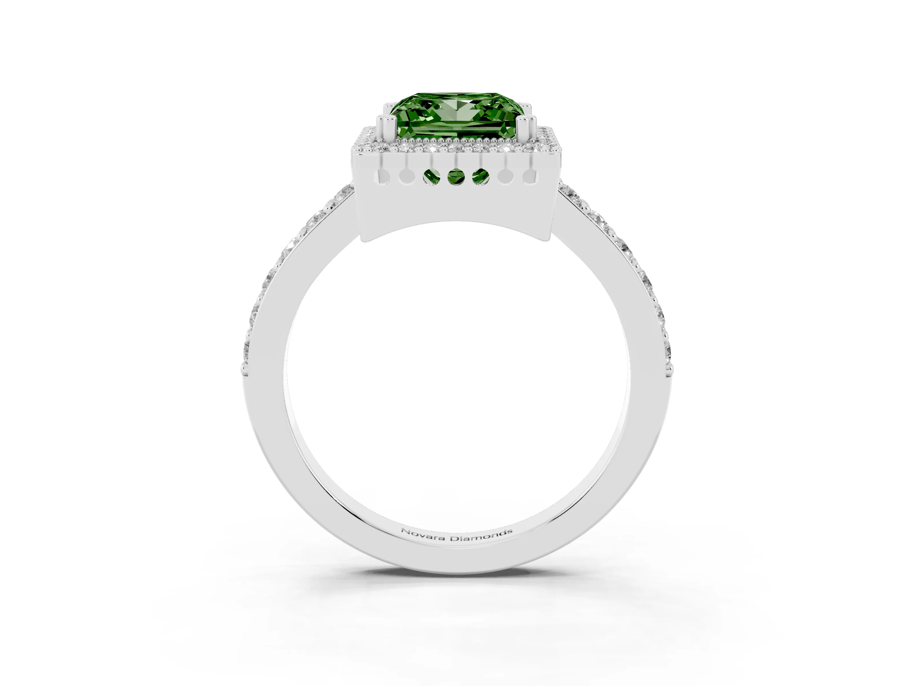 Fancy Green Princess Cut Diamond Halo Engagement Ring Set in White gold with Milgrain Detail and Pavé Band