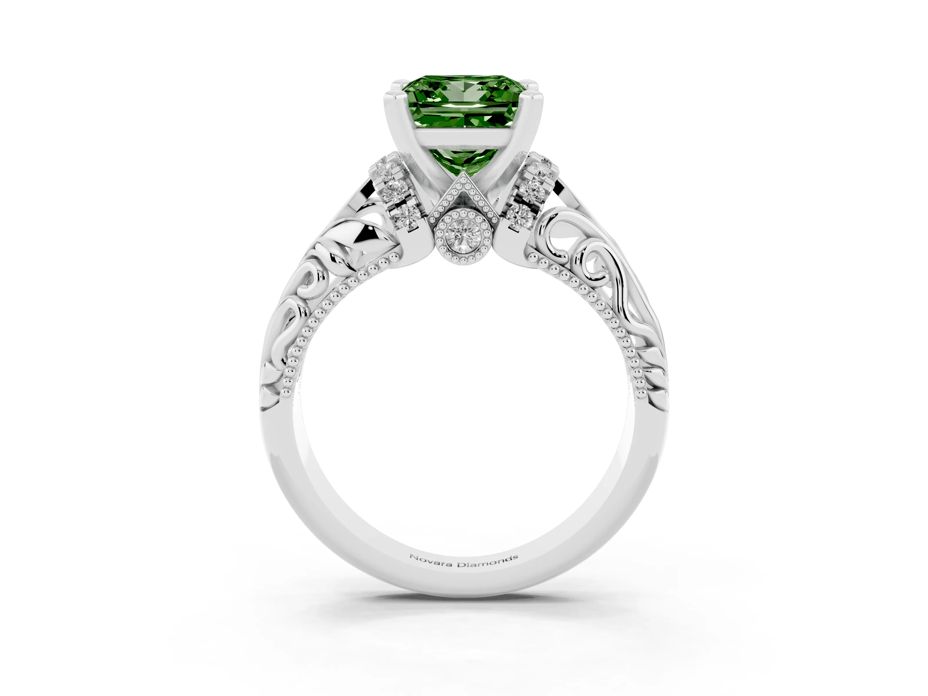 Fancy Green Princess Cut Diamond Filigree Halo Engagement Ring Set in Silver with Prong Setting