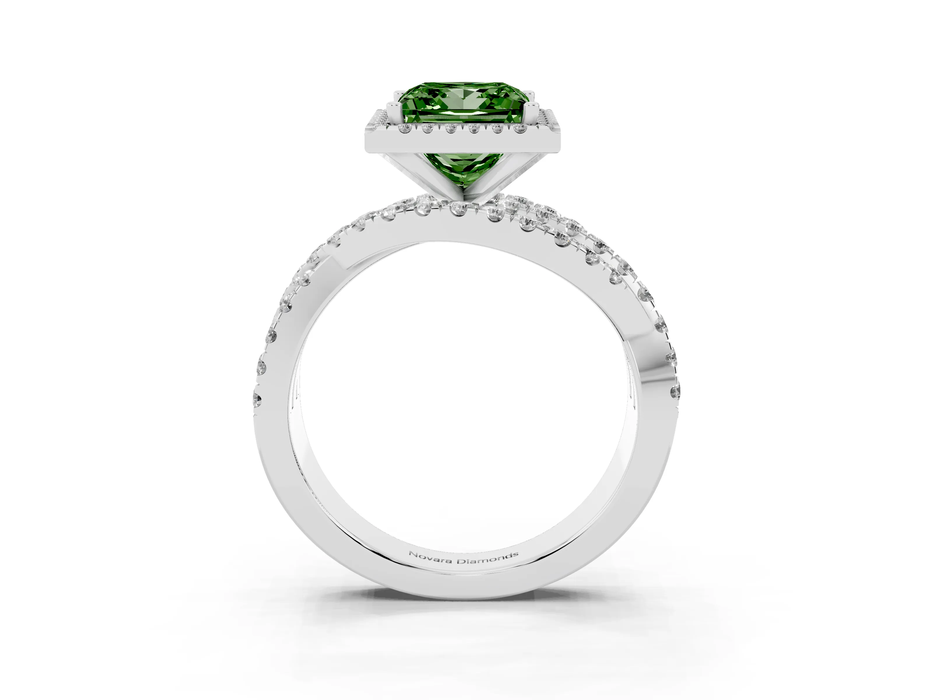 Fancy Green Princess Cut Diamond Halo Ring Set in White gold with Round Crossover Split Shank and Prong Setting