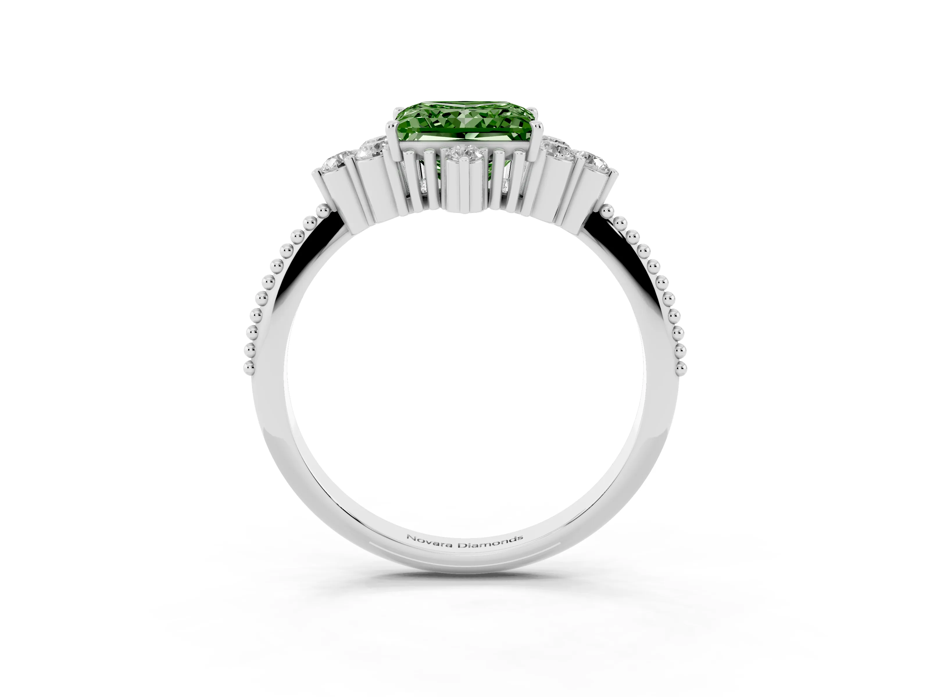 Fancy Green Princess Cut Diamond Cluster Ring Set in Silver with Beaded Band