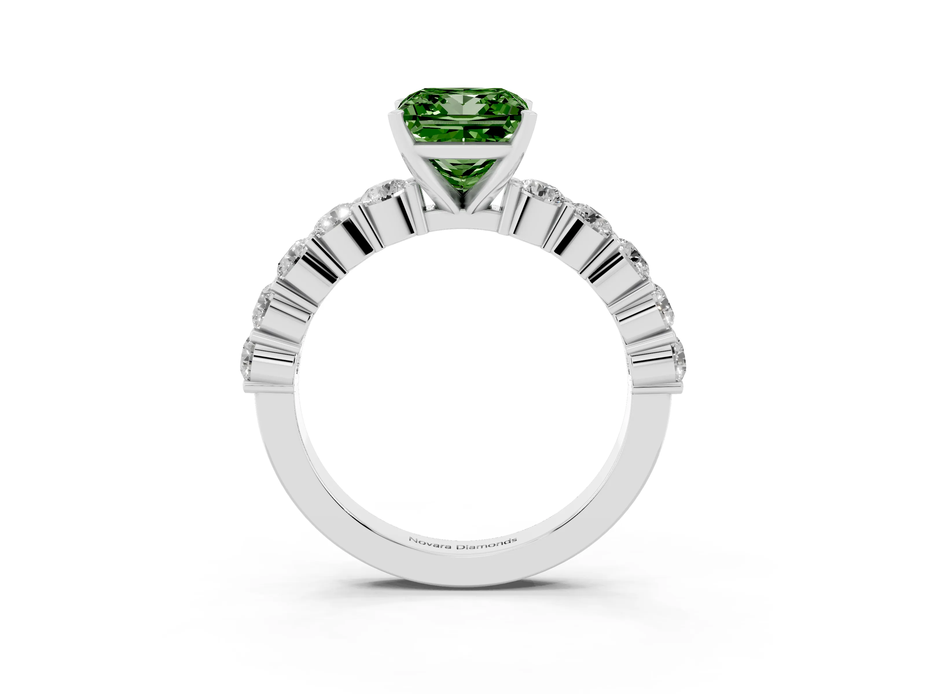 Fancy Green Princess Cut Diamond Solitaire Ring Set in Platinum with Shared Prong Round Side Stones