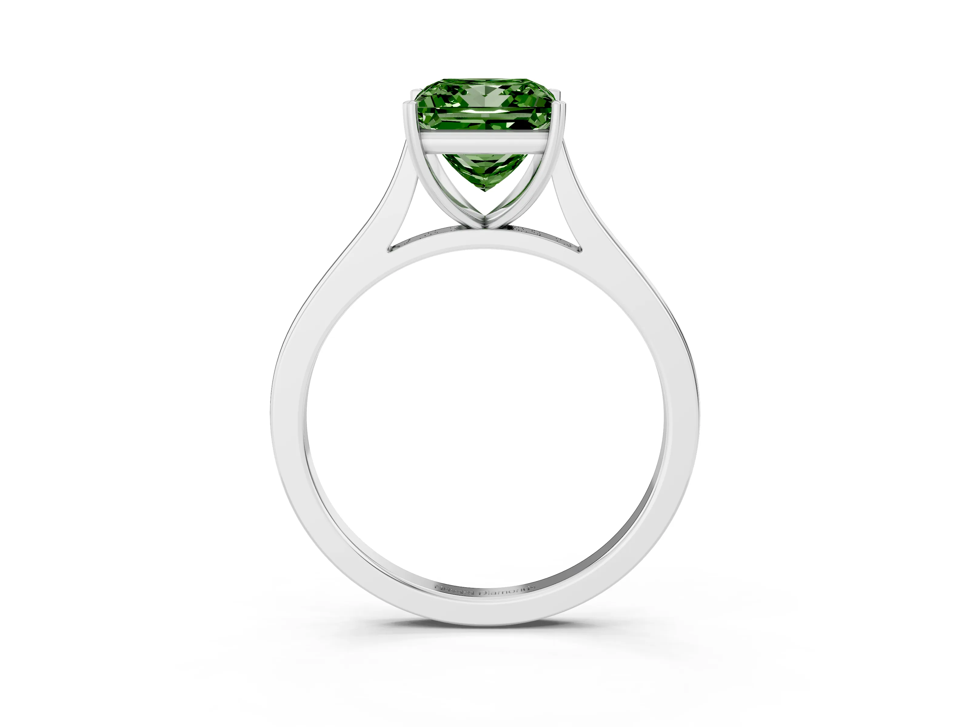 Fancy Green Princess Cut Diamond Solitaire Heart Prong Engagement Ring Set in White gold with Tapered Band