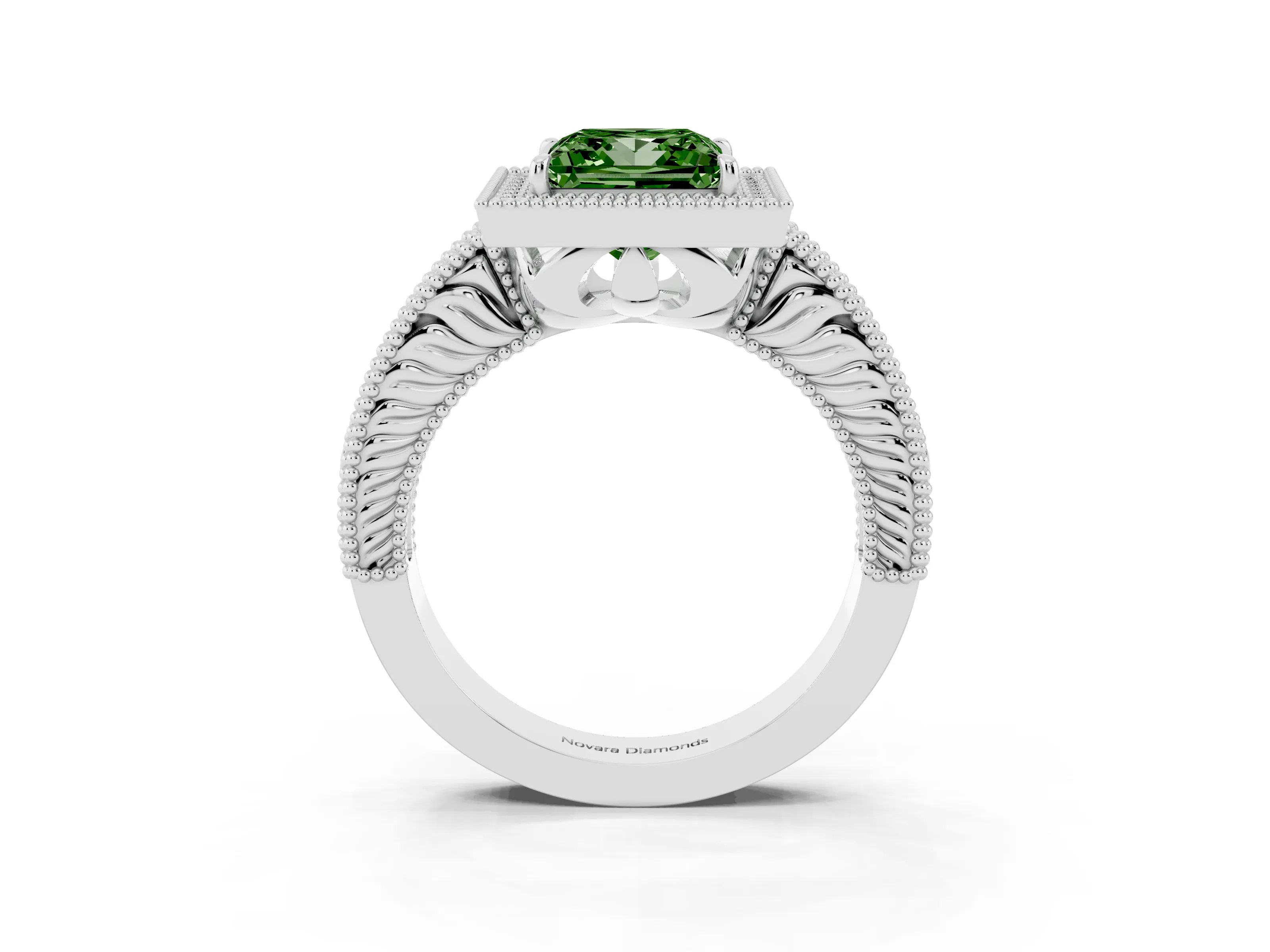 Fancy Green Princess Cut Diamond Halo Ring Set in White gold with Round Accent Halo, Pavé Band and Prong Setting