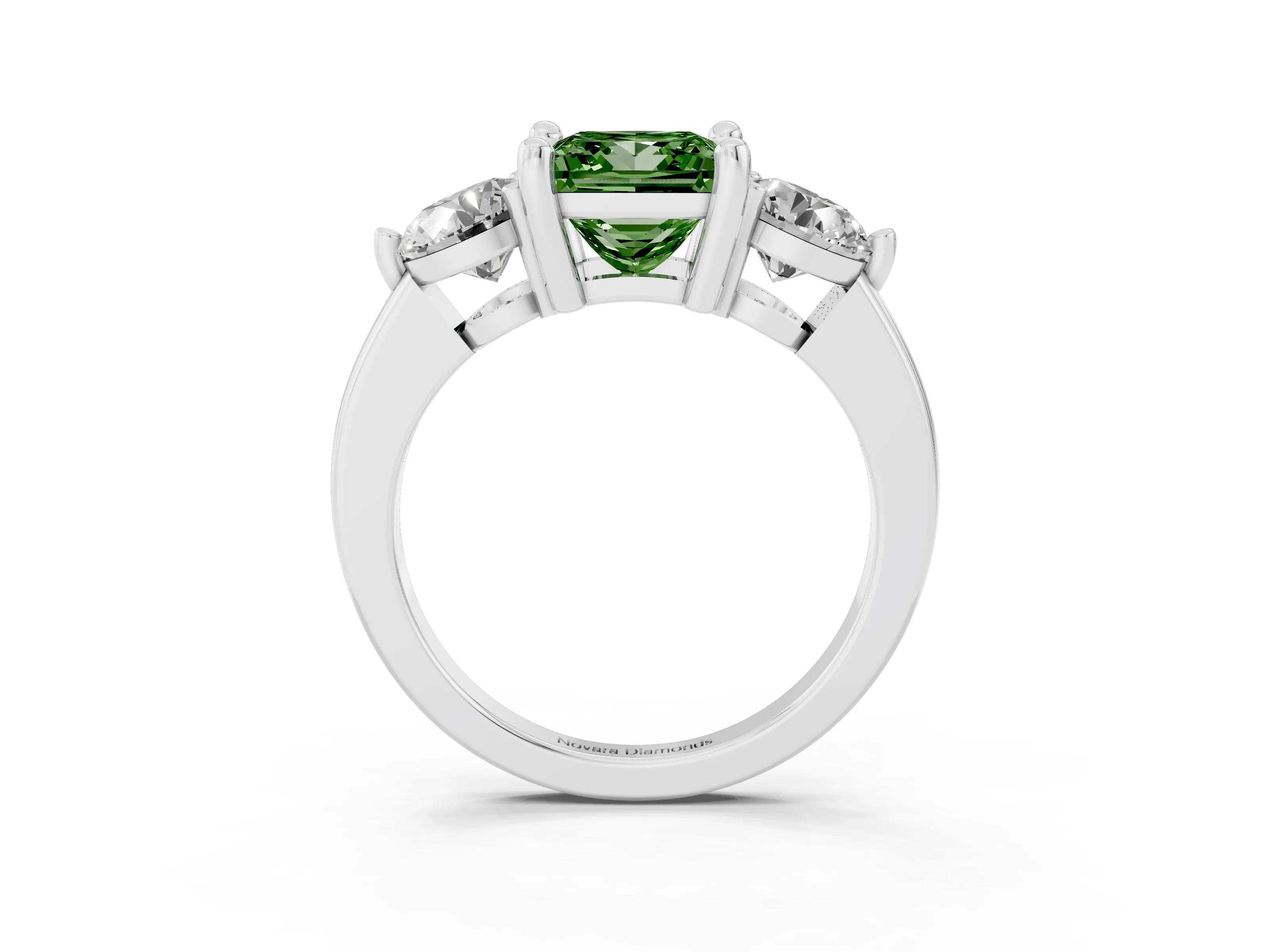 Fancy Green Princess Cut Diamond Three-Stone Ring Set in White gold with Prong Setting and Classic Band