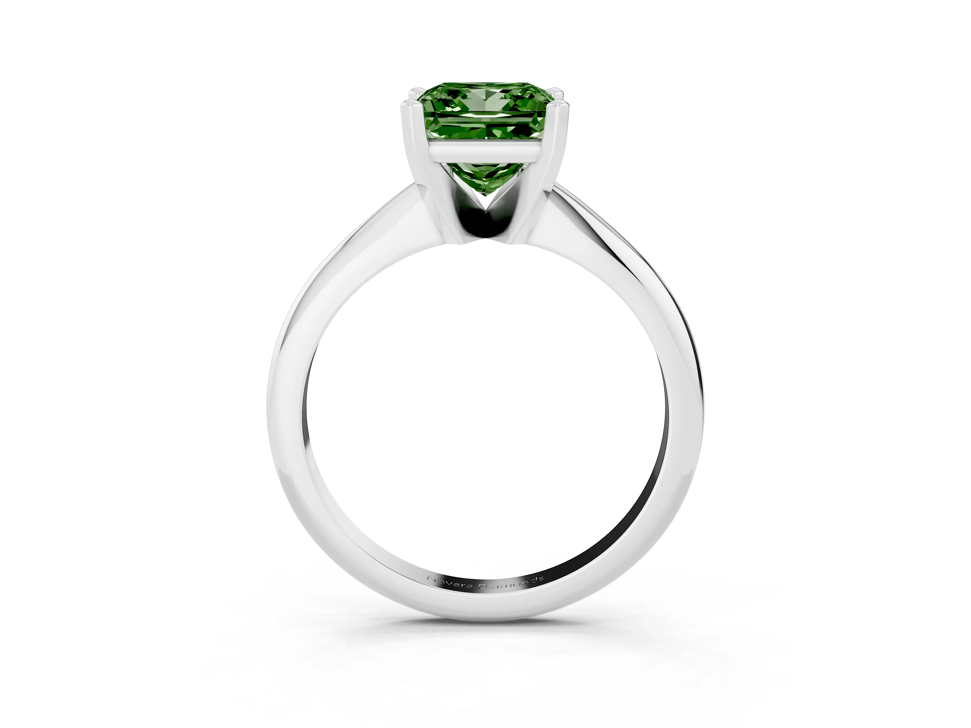 Fancy Green Princess Cut Diamond Solitaire Ring Set in White gold with Prong Setting on a Plain Round Band