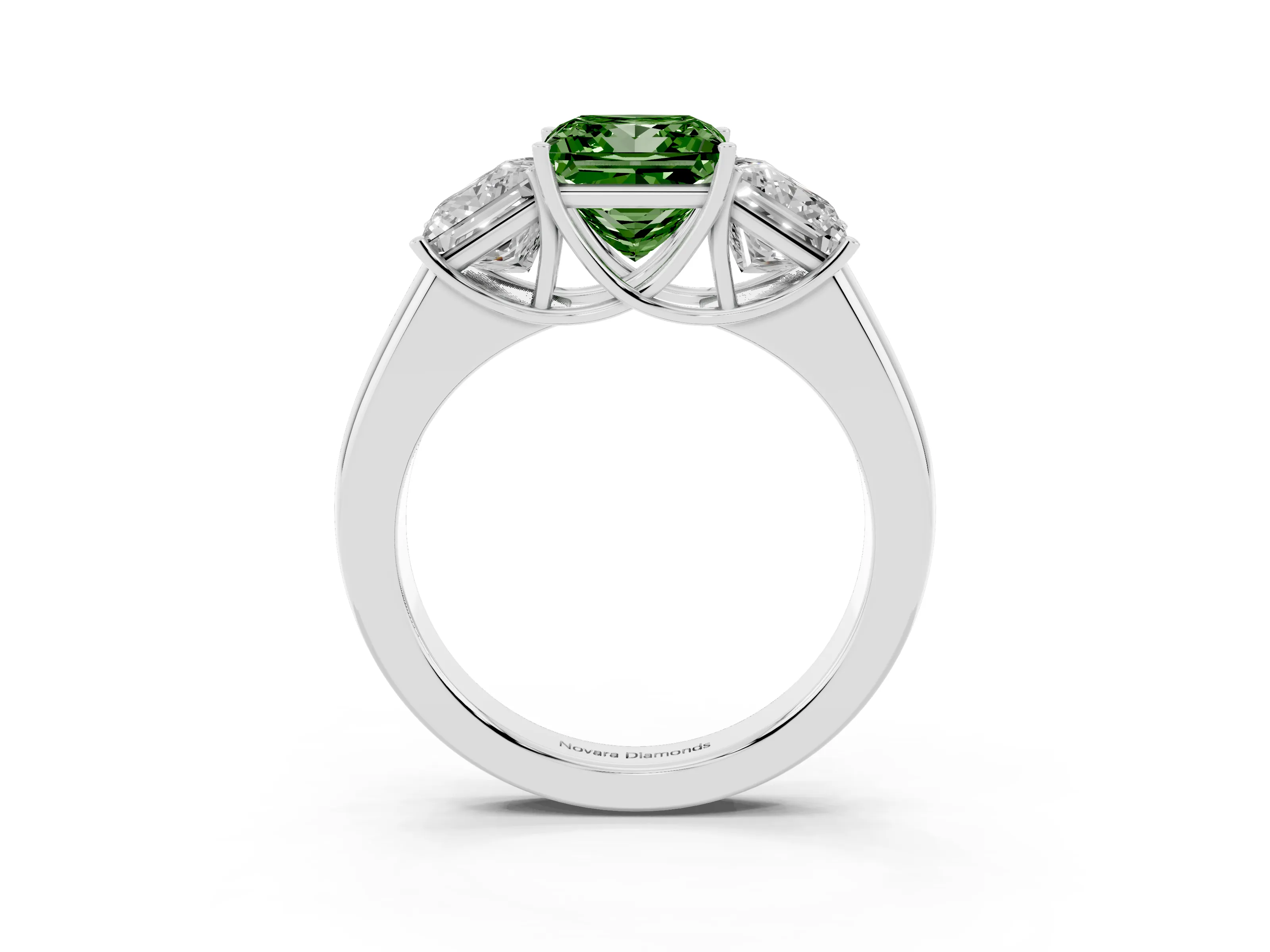 Fancy Green Three-Stone Princess Cut Diamond Ring Set in Platinum with Matching Prong Settings and Plain Band