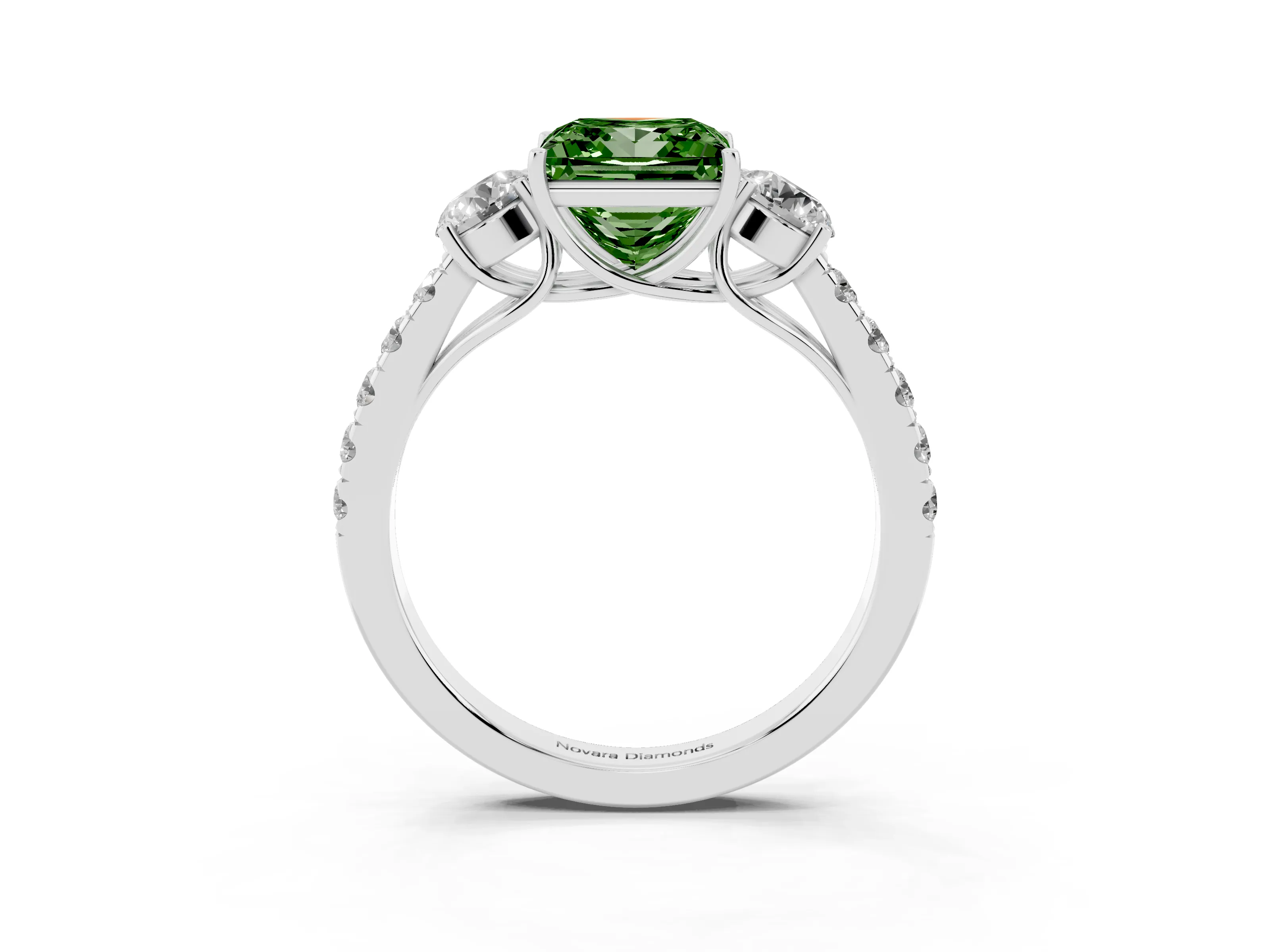 Fancy Green Princess Cut Diamond Three-Stone Ring Set in Silver with Round Side Stones and Delicate Pavé Band