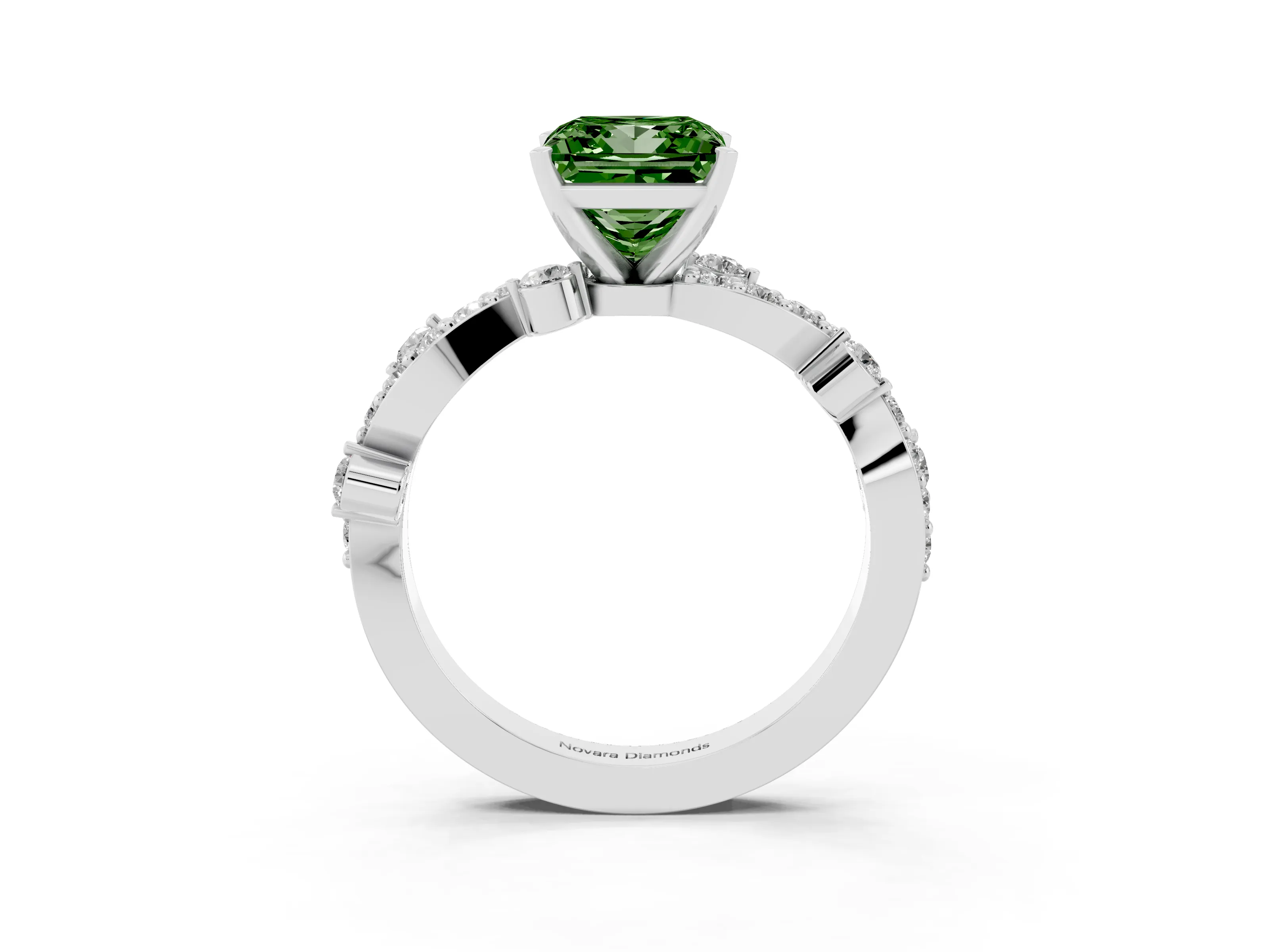 Fancy Green Princess Cut Diamond Solitaire Twisted Band Set in Platinum with Pavé Setting