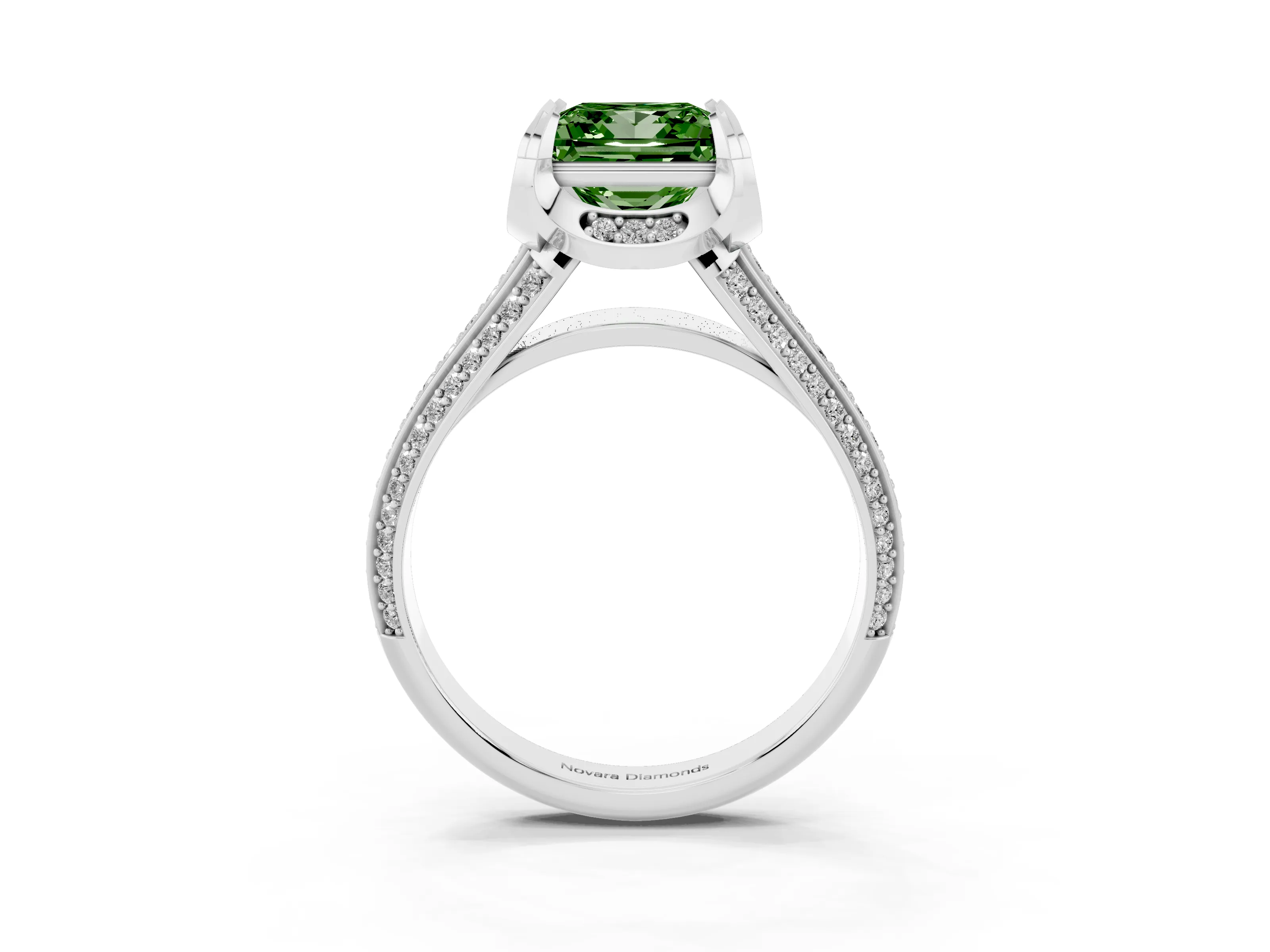 Fancy Green Princess Cut Diamond Pavé Split Shank Solitaire Ring Set in Platinum with Prong Setting