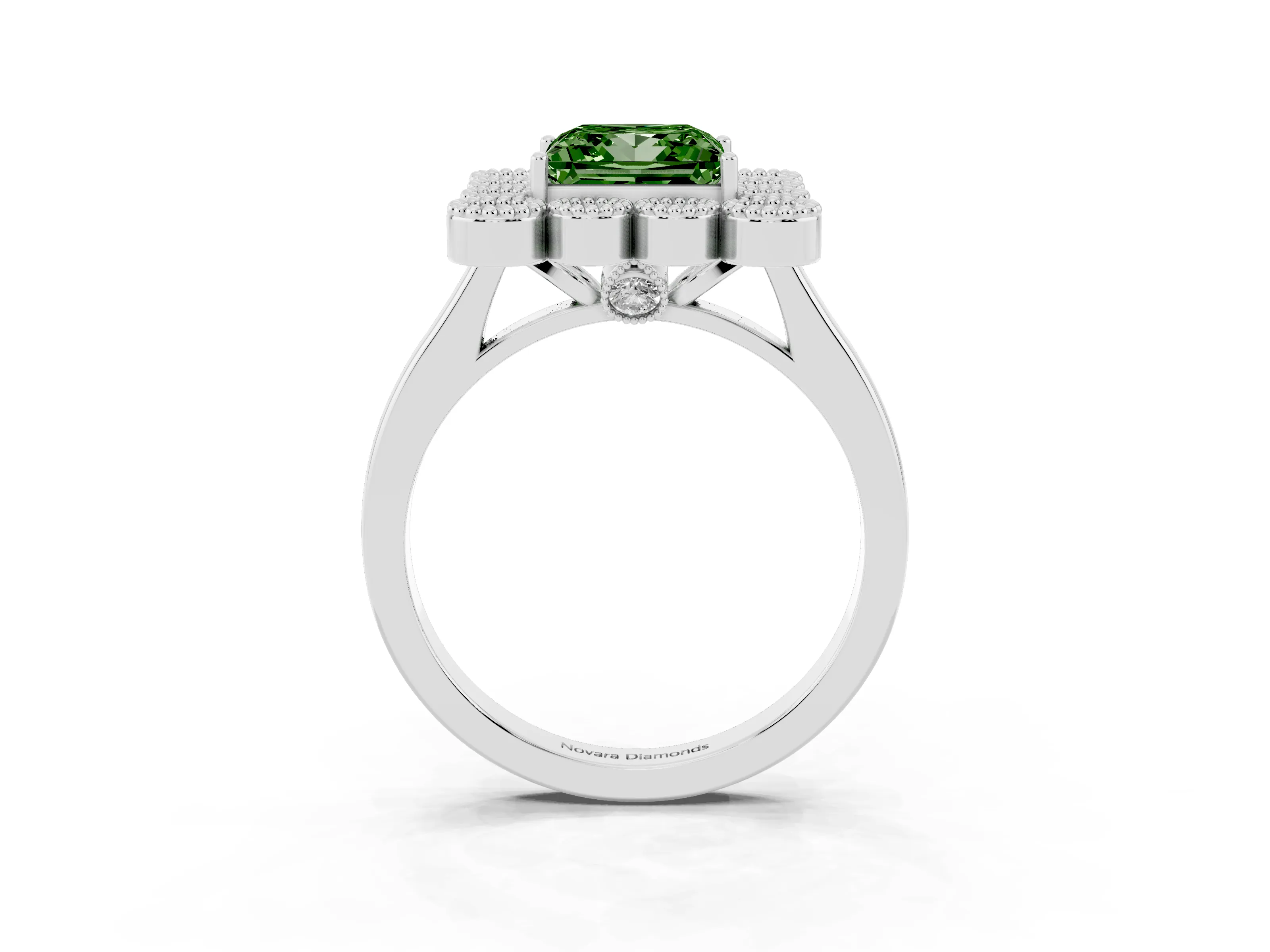 Fancy Green Princess Cut Diamond Cluster Halo Ring Set in White gold with Milgrain Bezel Accents and Plain Band