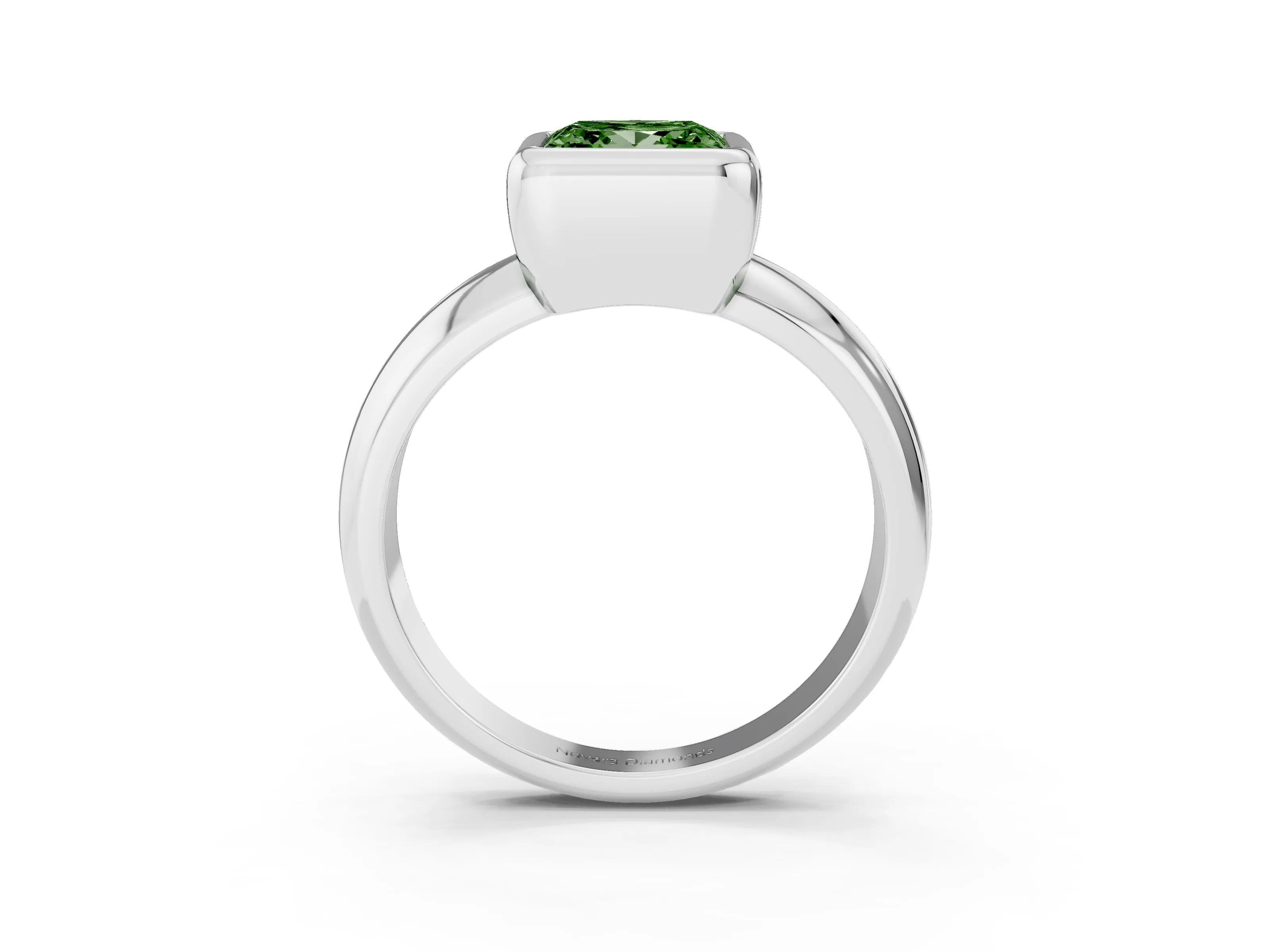 Fancy Green Bezel Set Princess Cut Diamond Solitaire Ring Set in White gold with Wide Band