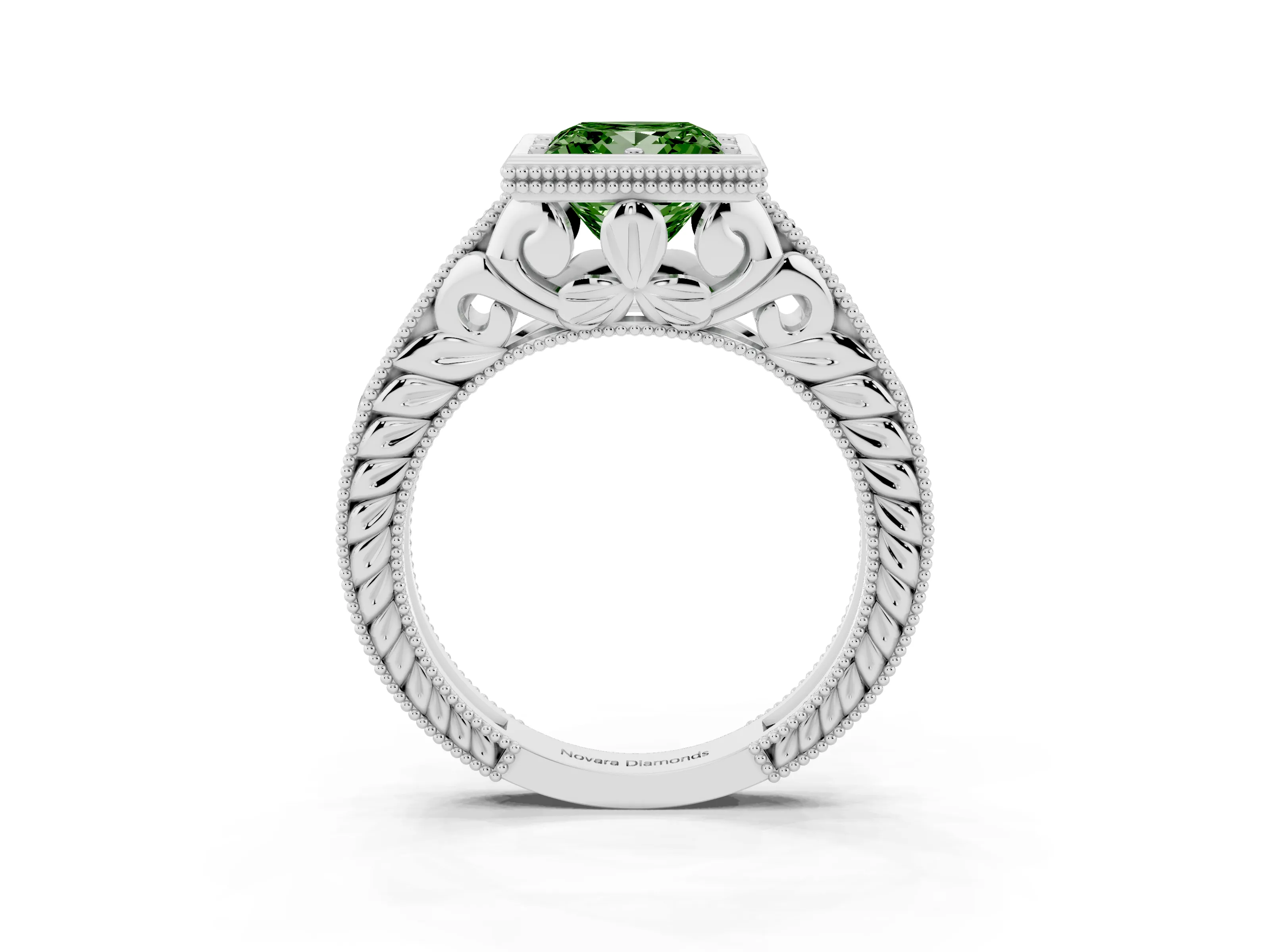 Fancy Green Bezel Set Princess Cut Diamond Milgrain Pavé Engagement Ring Set in Silver