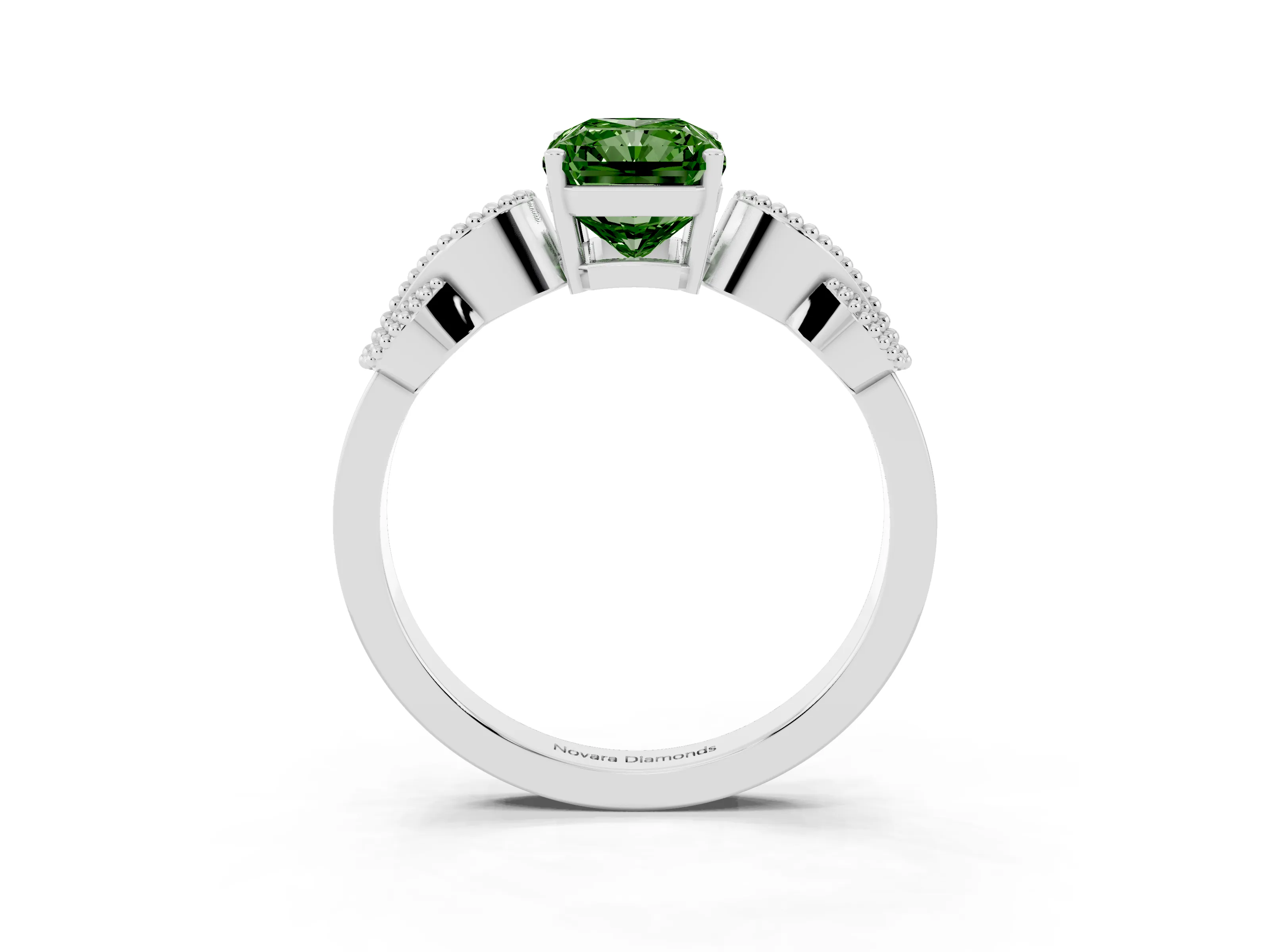 Fancy Green Princess Cut Diamond Milgrain Leaf Band Solitaire Ring Set in Silver with Accent Stones and Prong Setting