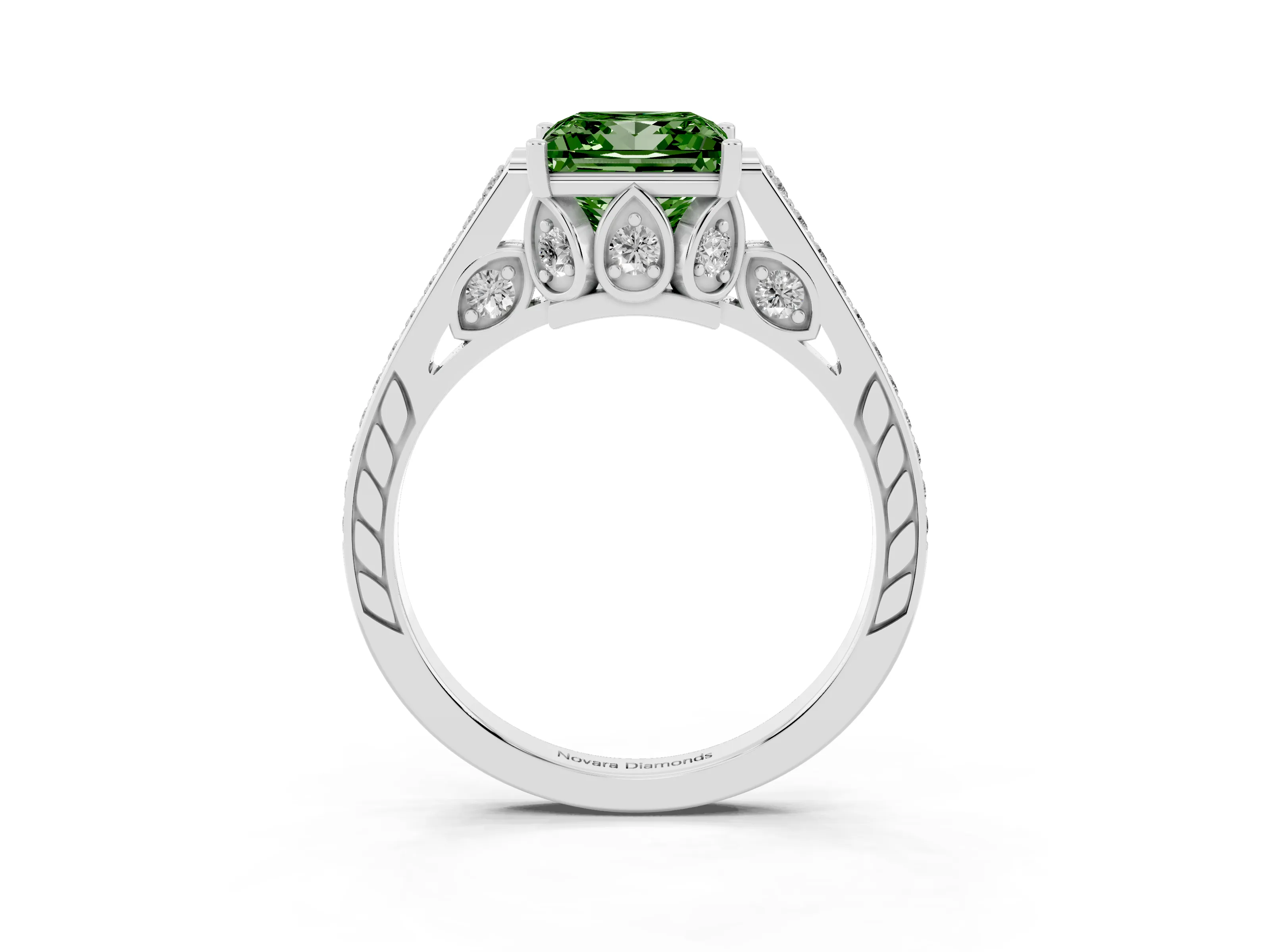 Fancy Green Princess Cut Diamond Cathedral Pavé Engagement Ring Set in Silver with Prong Setting