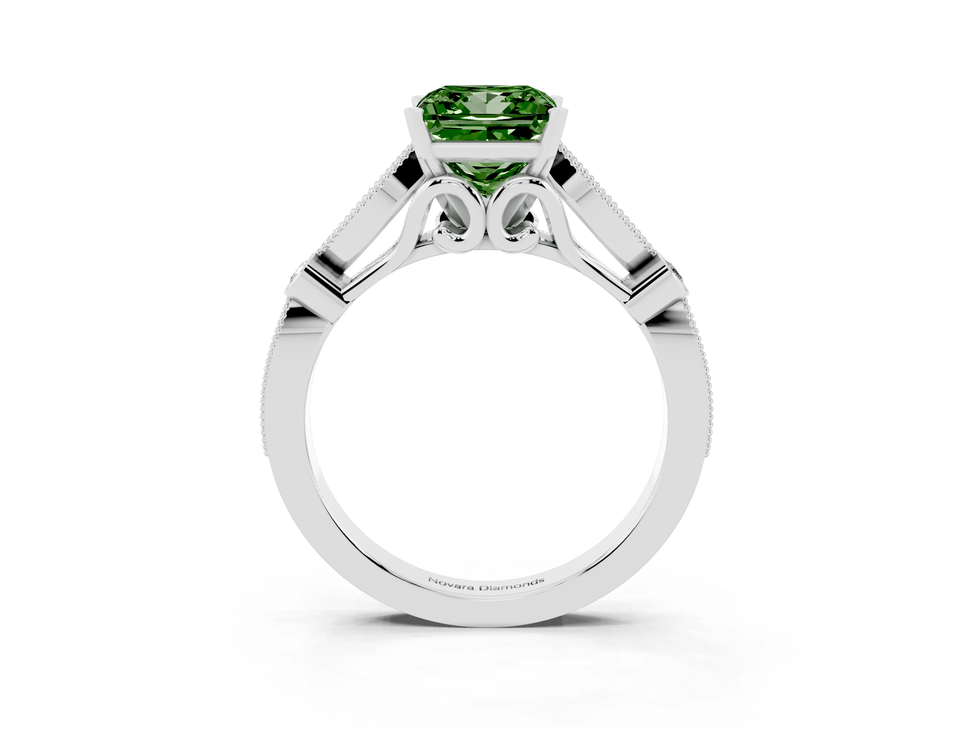 Fancy Green Princess Cut Diamond Solitaire Ring Set in Platinum with Milgrain Marquise and Bezel Accents