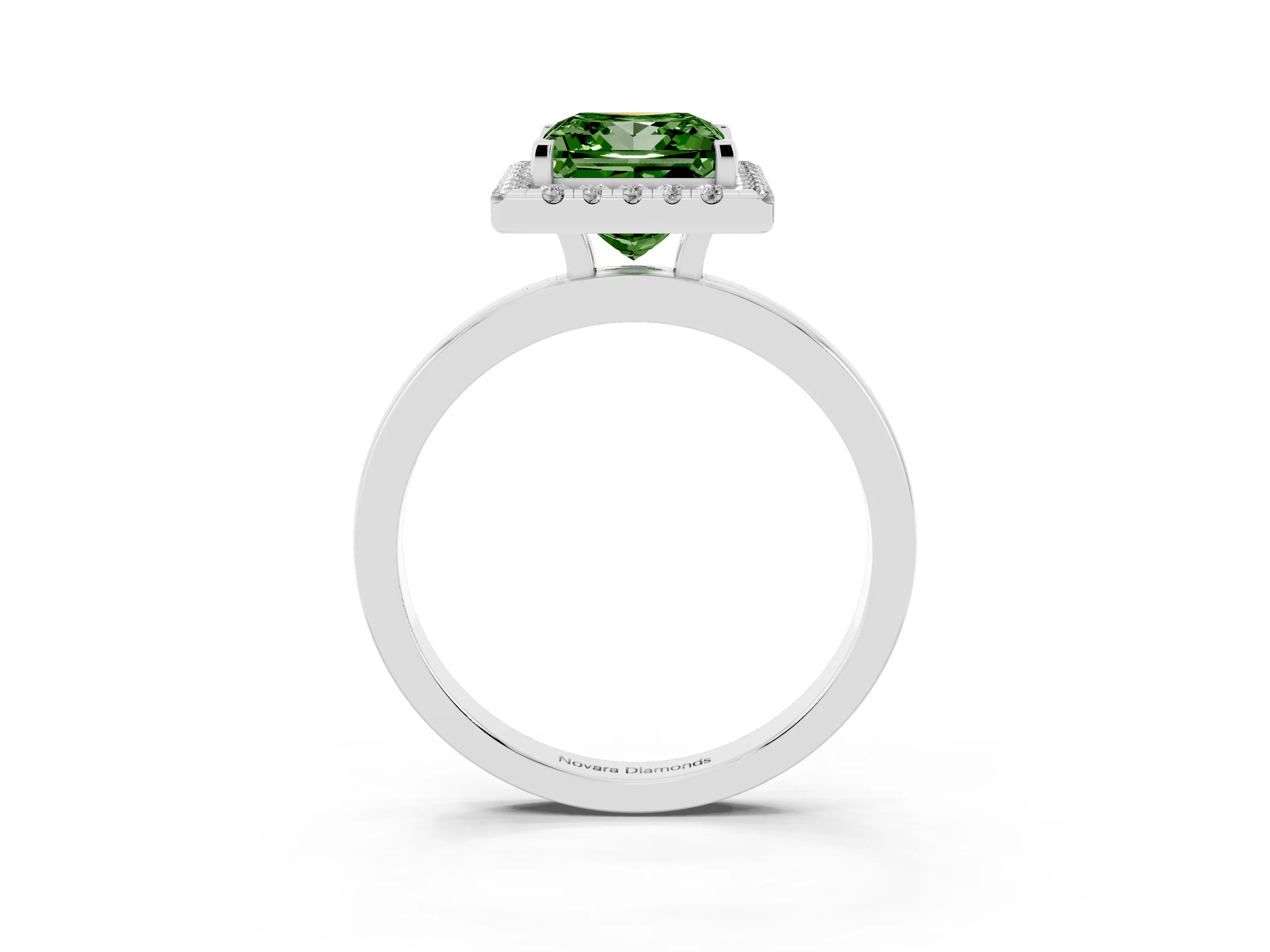 Fancy Green Princess Cut Diamond Halo Solitaire Ring Set in White gold with Pavé Band and Prong Setting