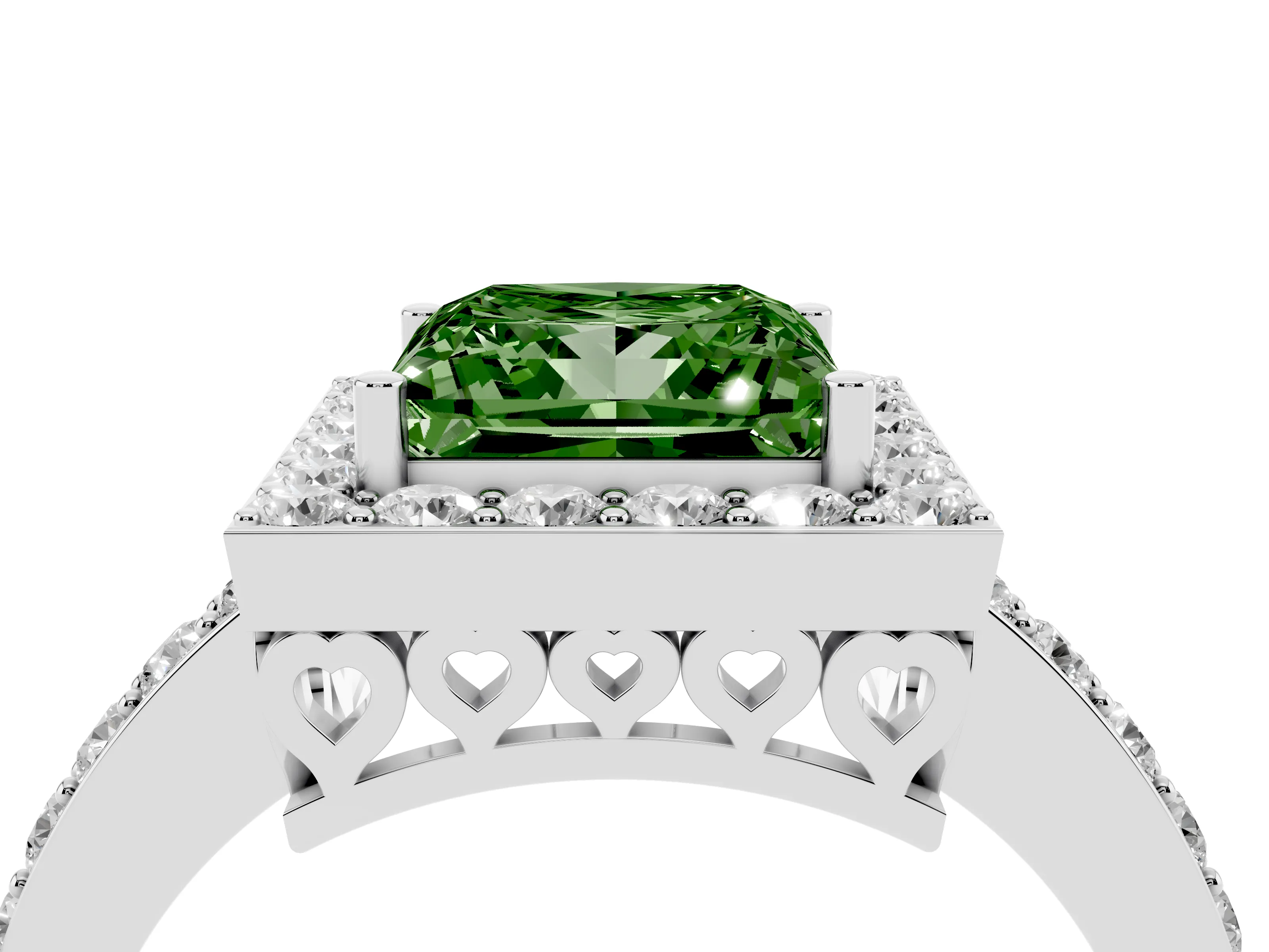 Fancy Green Princess Cut Diamond Halo Ring Set in Silver with Pavé-Setting Band and Open Prong Center