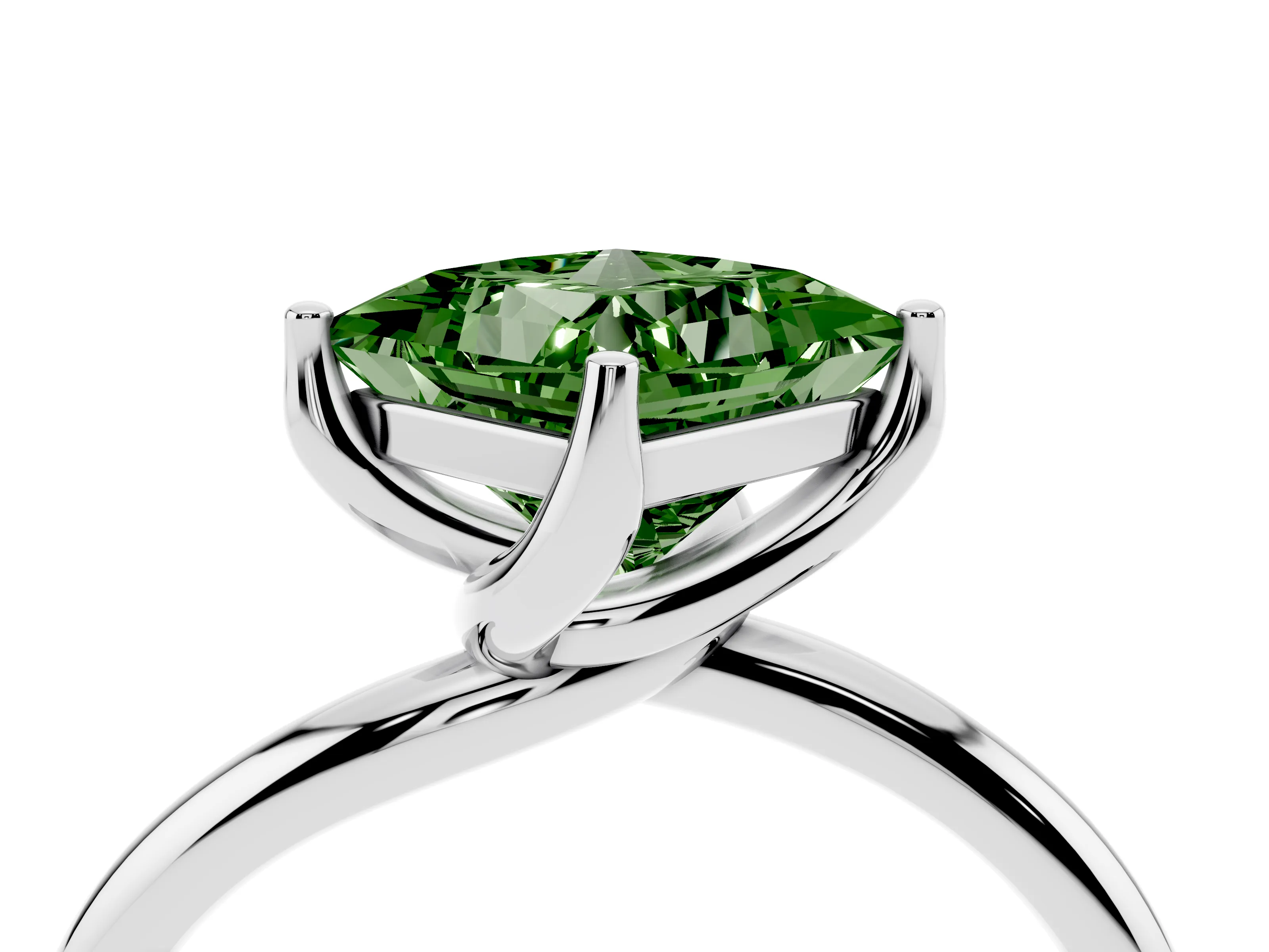 Fancy Green Princess Cut Diamond Solitaire Engagement Ring Set in Silver with Classic Plain Band