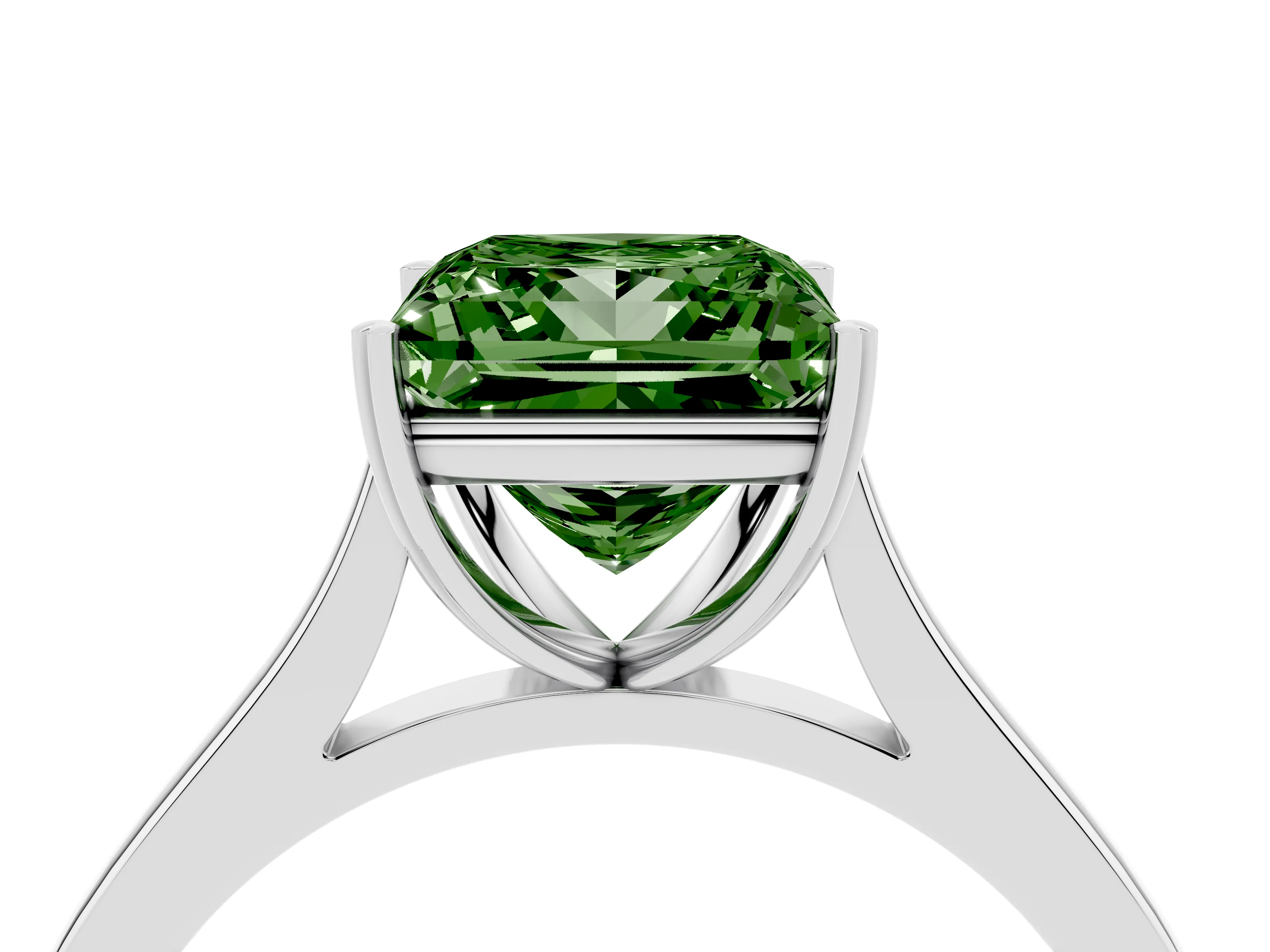 Fancy Green Princess Cut Diamond Solitaire Heart Prong Engagement Ring Set in White gold with Tapered Band