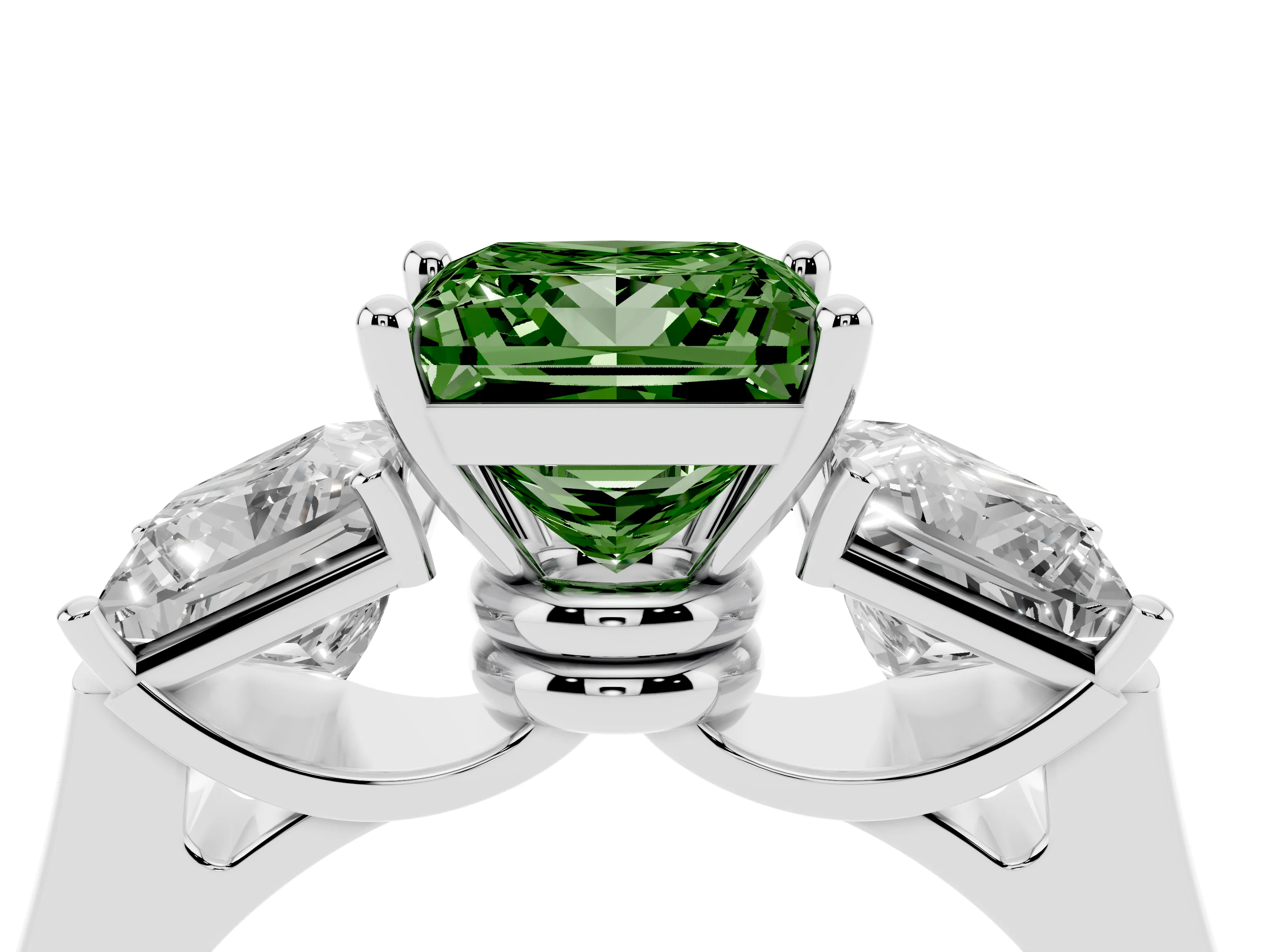 Fancy Green Princess Cut Diamond Three-Stone Trellis Ring Set in Silver with Comfort Fit Band