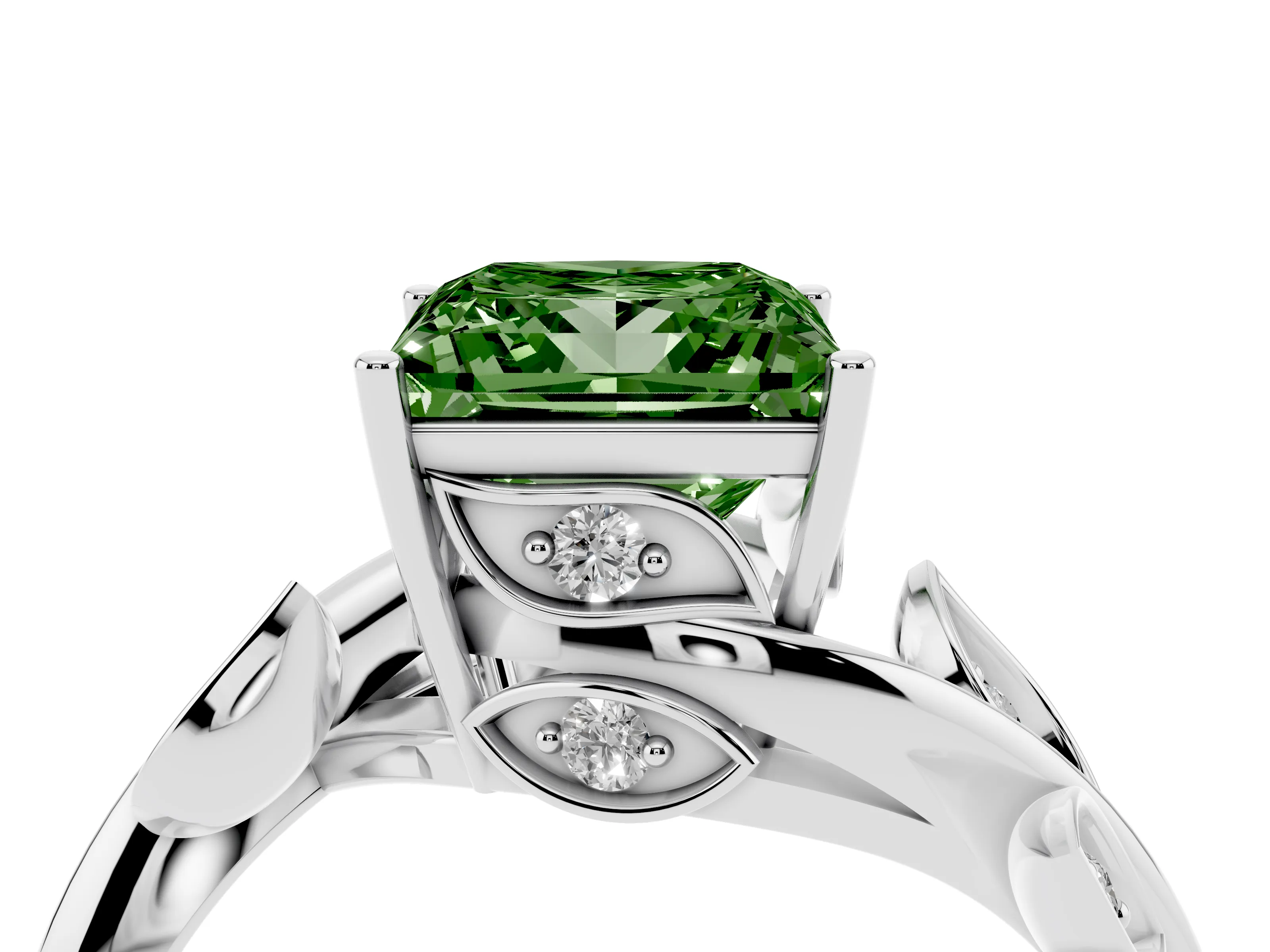Fancy Green Princess Cut Diamond Solitaire Twist Engagement Ring Set in White gold with Pavé Leaf Accents