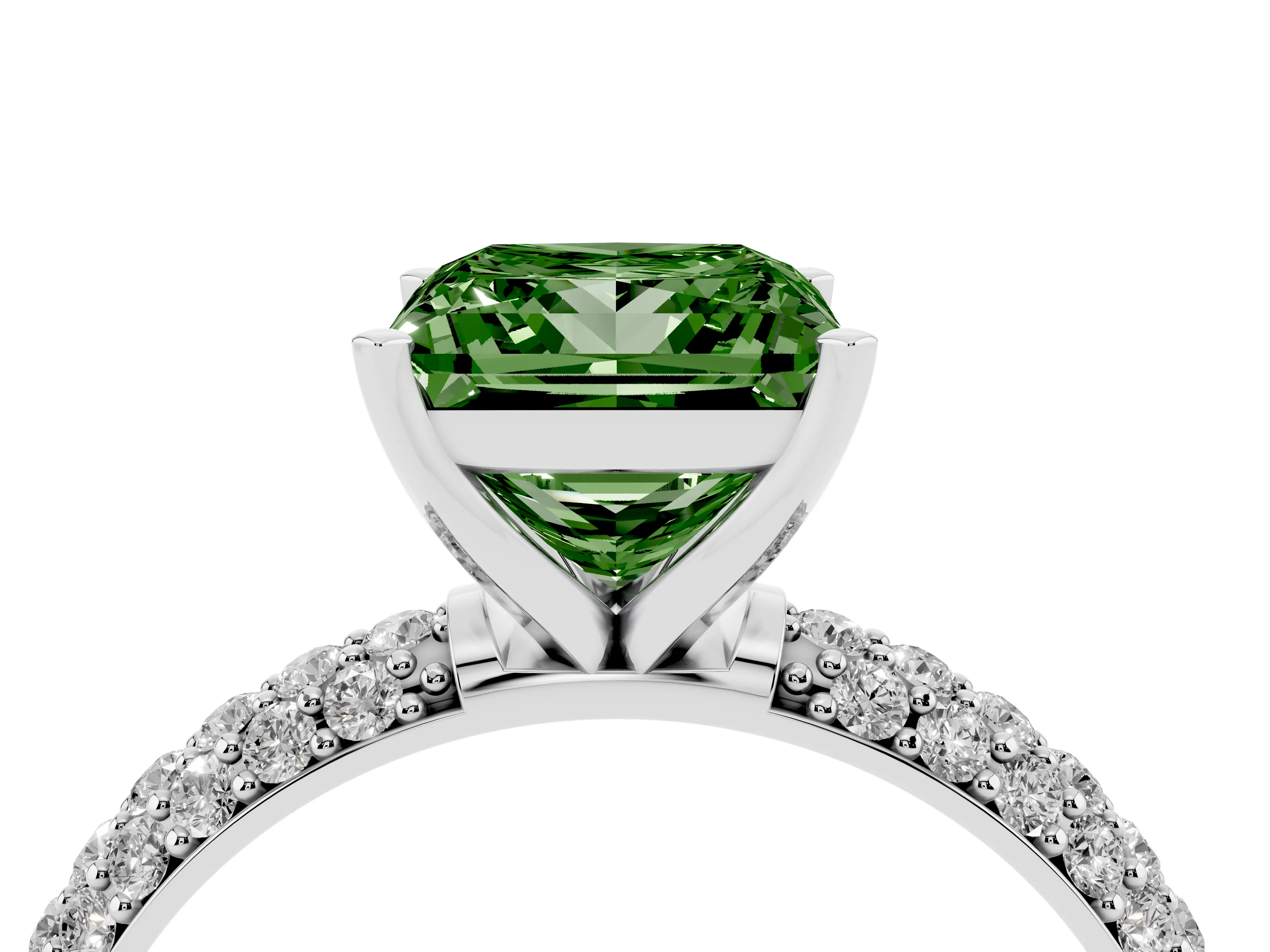 Fancy Green Princess Cut Diamond Solitaire Ring Set in Platinum with Prong Setting and Pavé-Set Band