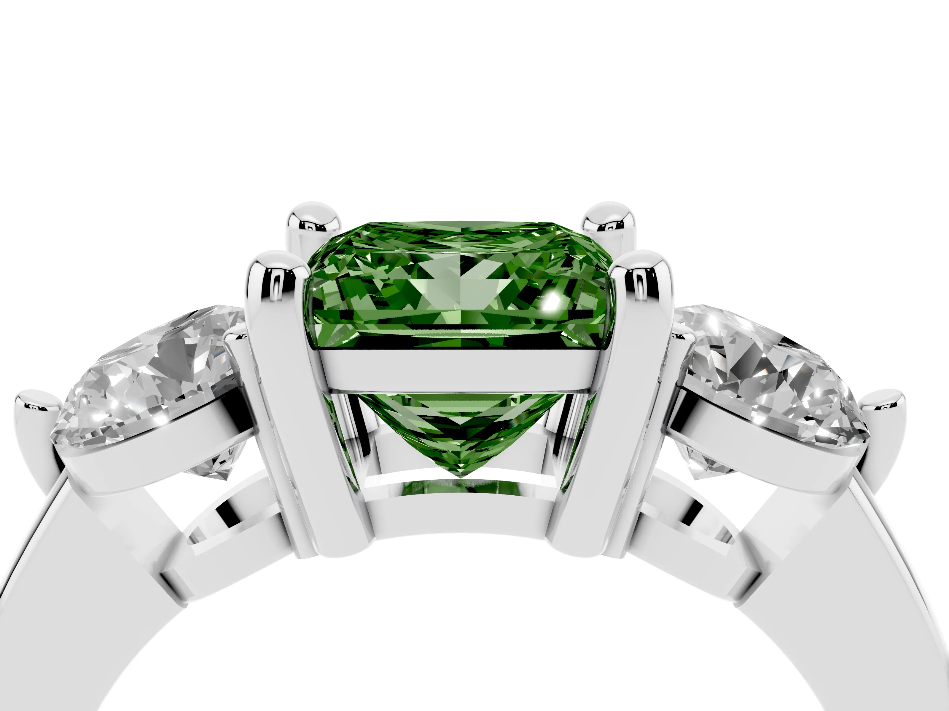 Fancy Green Princess Cut Diamond Three-Stone Ring Set in White gold with Prong Setting and Classic Band