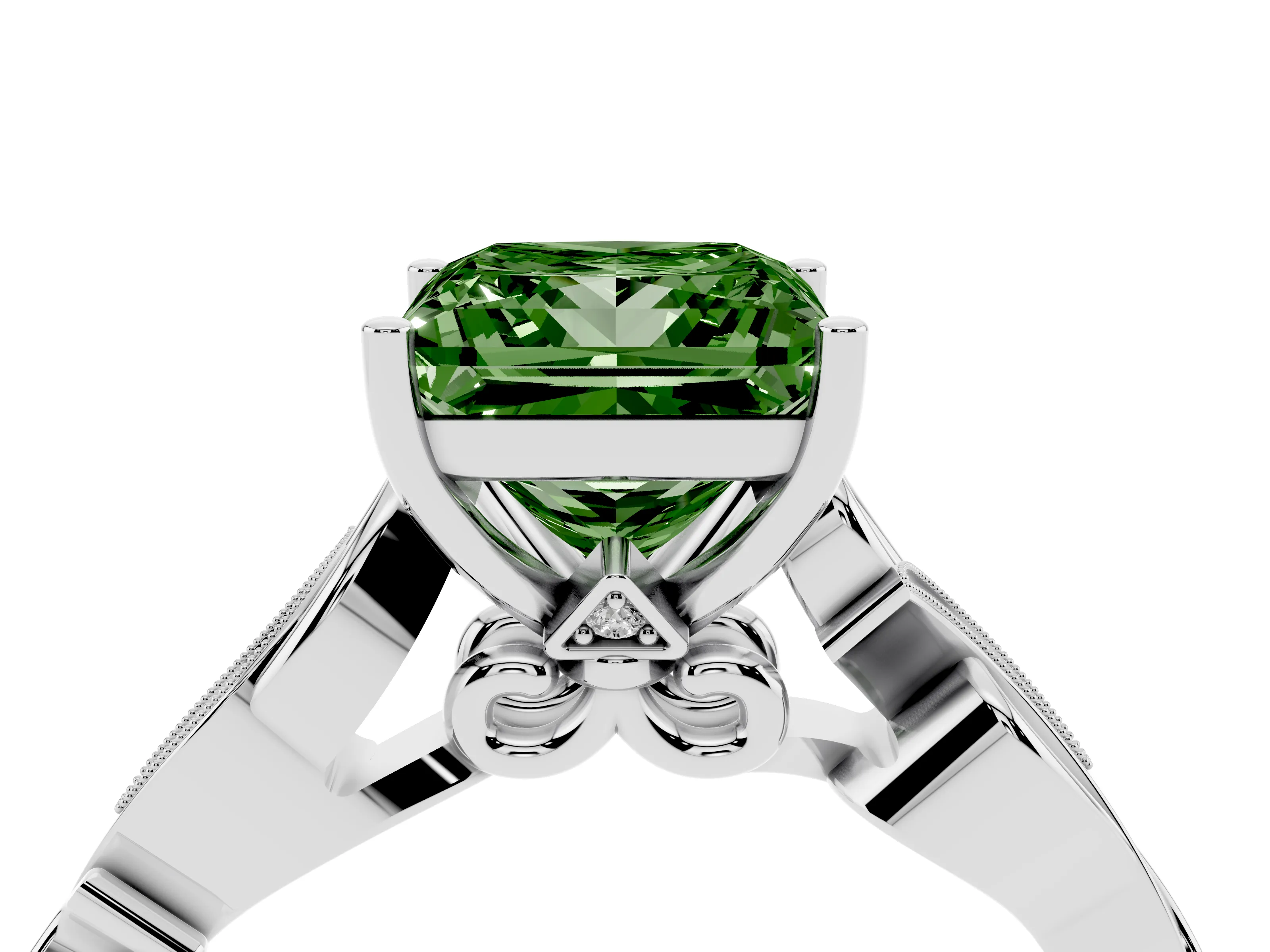 Fancy Green Princess Cut Diamond Vine Band Solitaire Ring Set in White gold with Milgrain Prong Setting