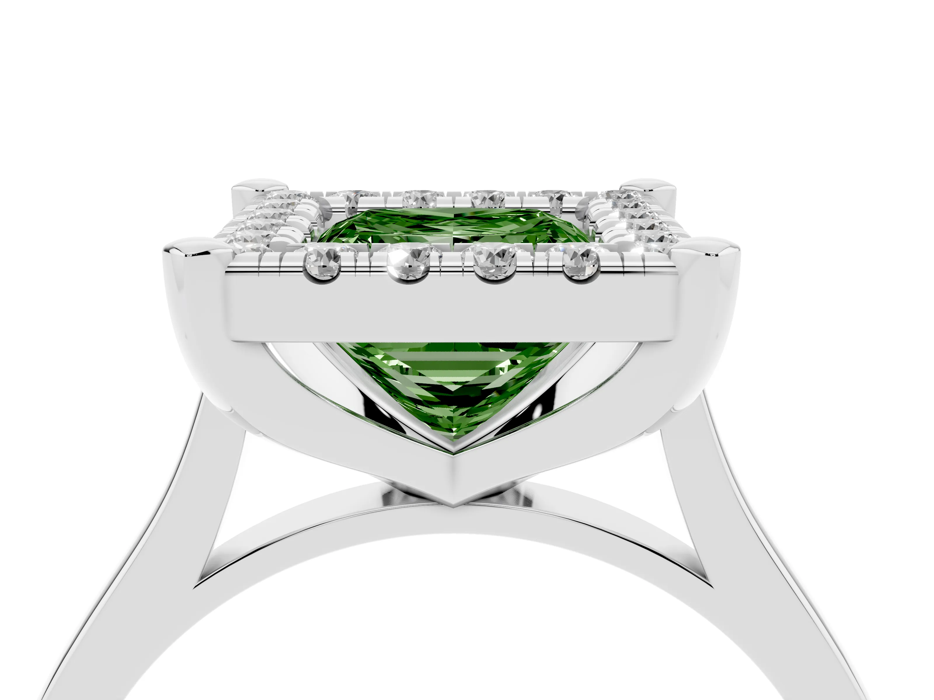 Fancy Green Princess Cut Diamond Cluster Halo Solitaire Ring Set in Silver with Prong Setting