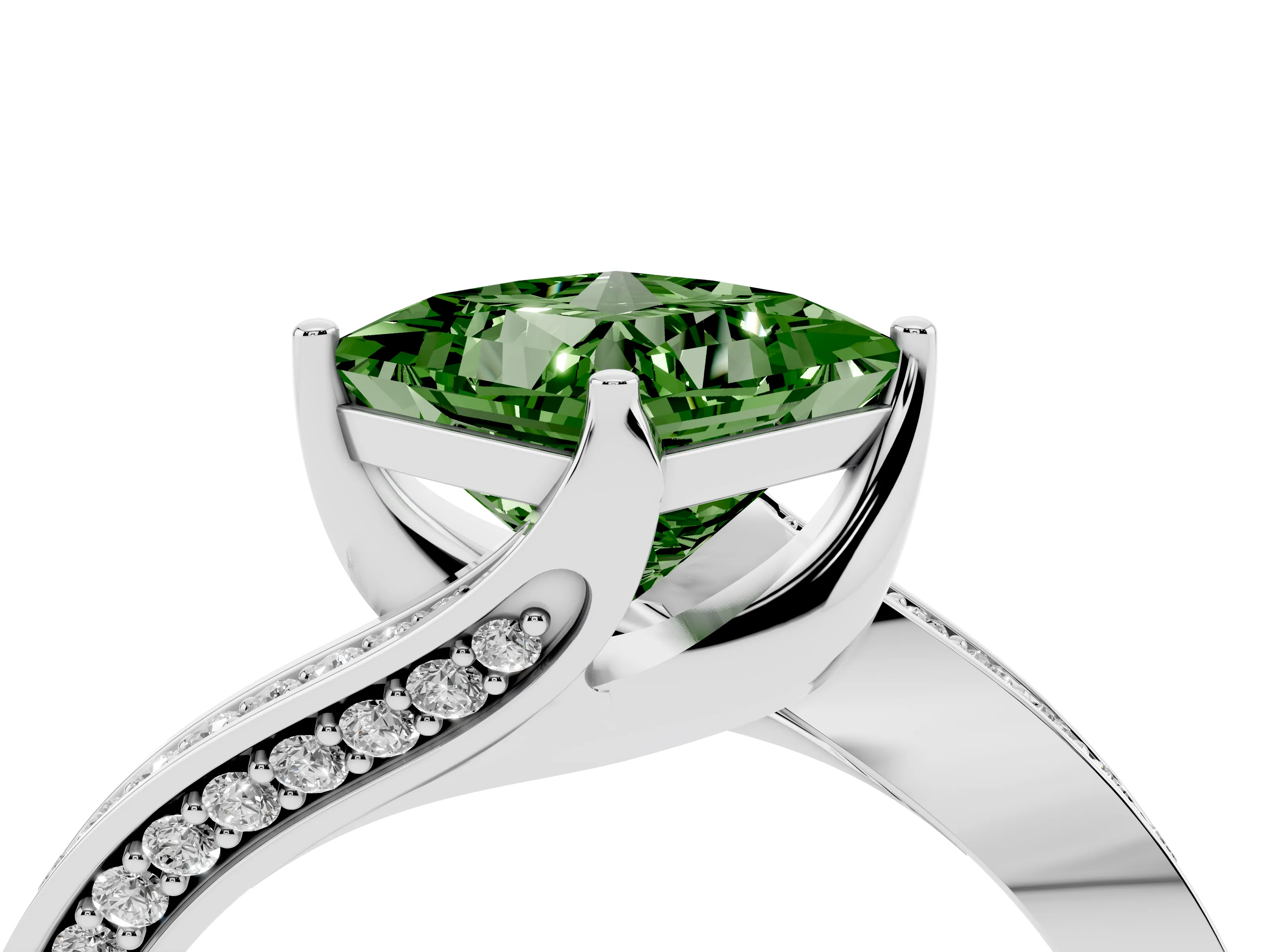 Fancy Green Princess Cut Diamond Solitaire Ring Set in Platinum with Intertwined Pavé Twist Band