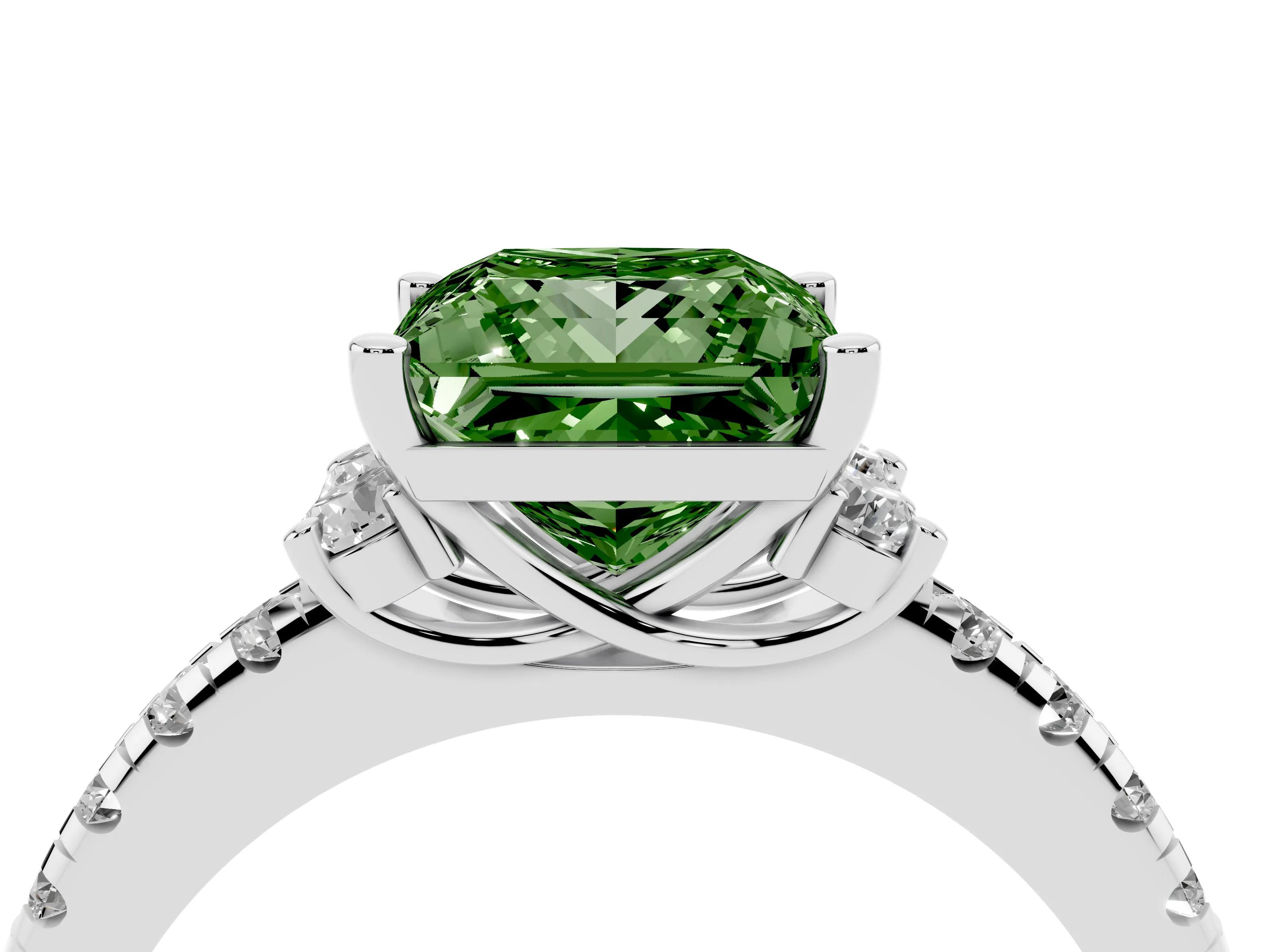 Fancy Green Princess Cut Diamond Three-Stone Pavé Ring Set in Platinum with Prong Setting