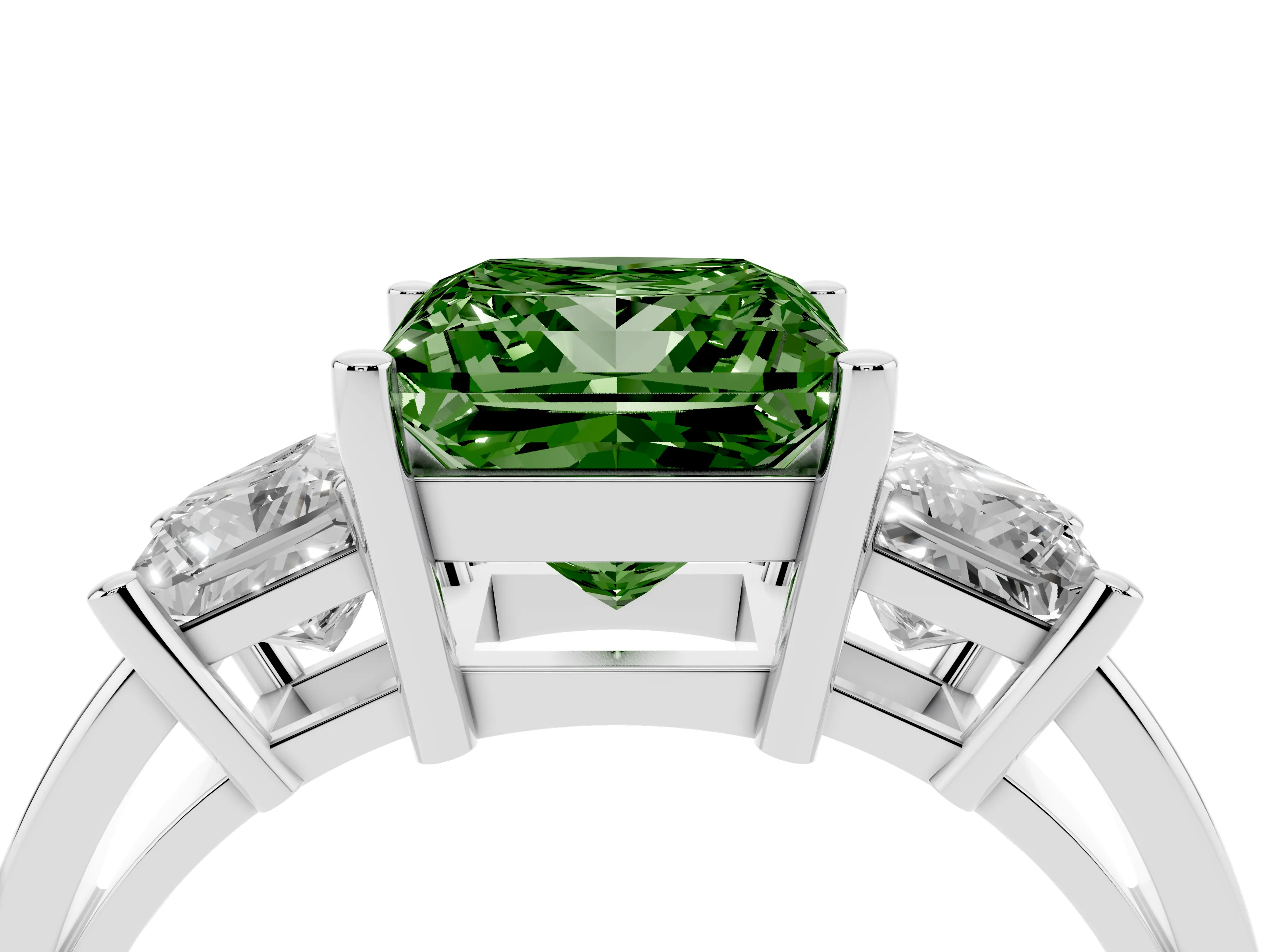 Fancy Green Three-Stone Princess Cut Diamond Solitaire Ring Set in Platinum with Prong Setting