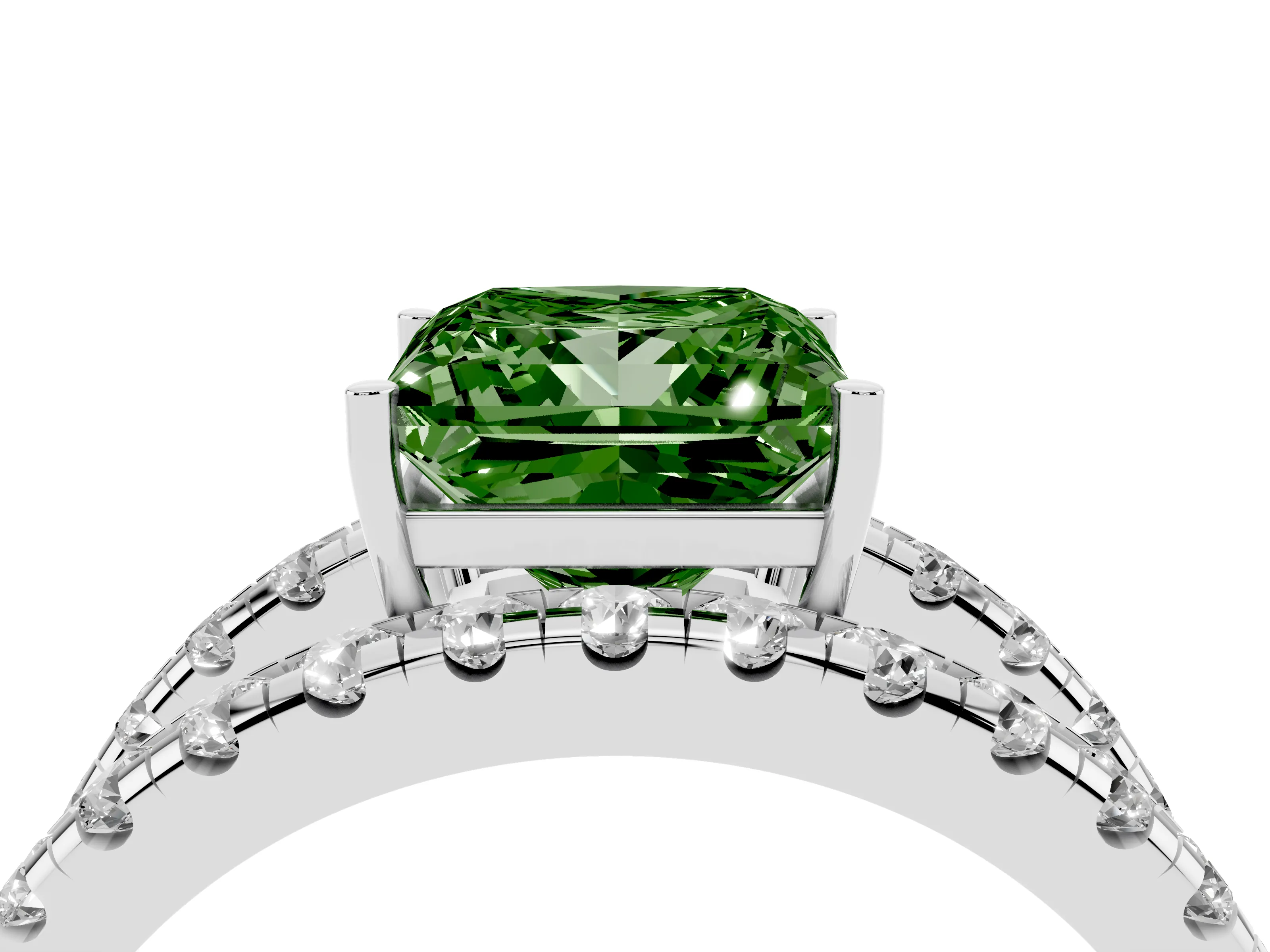 Fancy Green Princess Cut Diamond Split Shank Pavé Solitaire Ring Set in Platinum with Open Shank Design