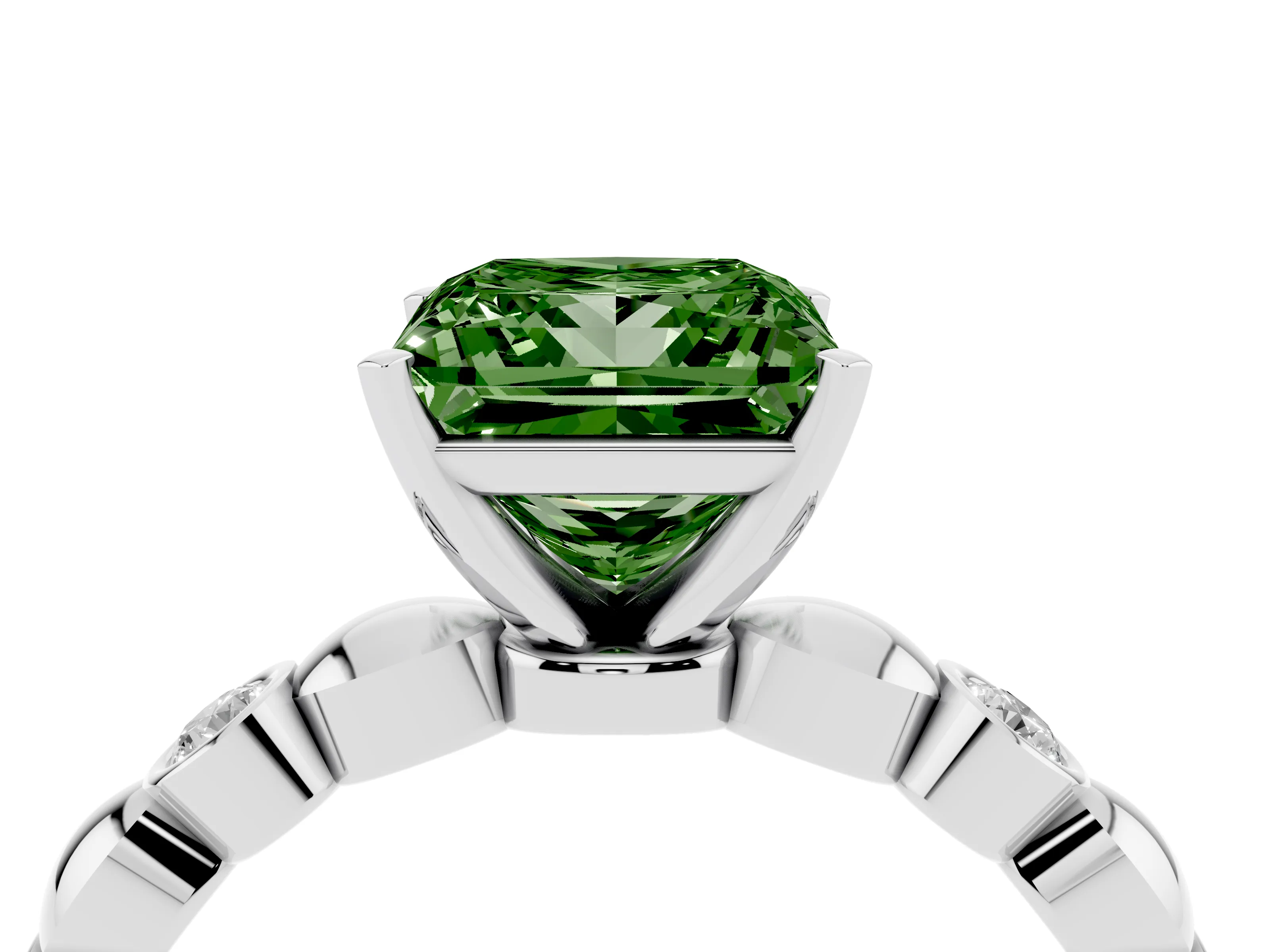 Fancy Green Princess Cut Diamond Solitaire Ring Set in Silver with Bezel-Set Accents on Beaded Band and Prong Setting