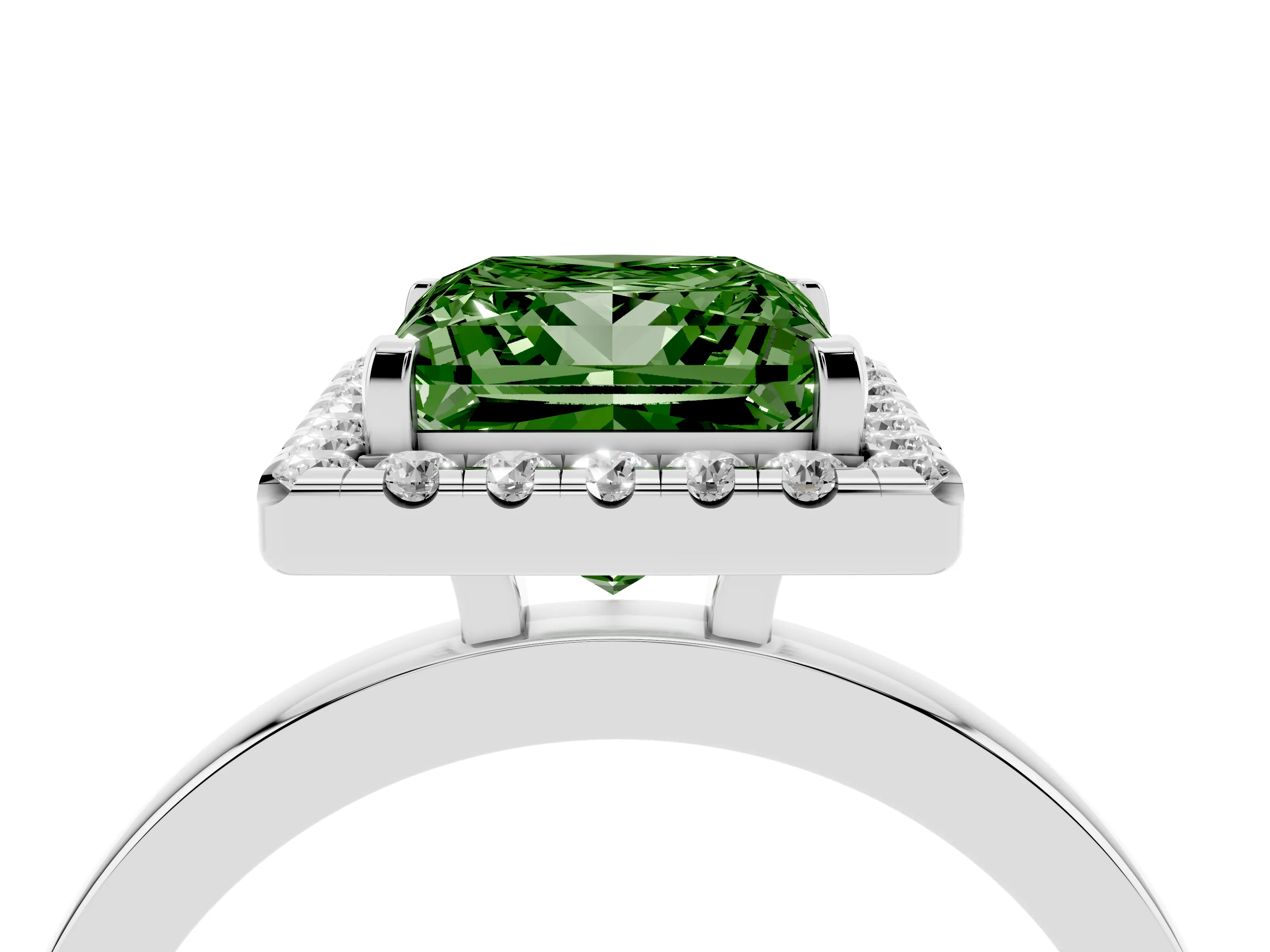 Fancy Green Princess Cut Diamond Halo Solitaire Ring Set in White gold with Pavé Band and Prong Setting