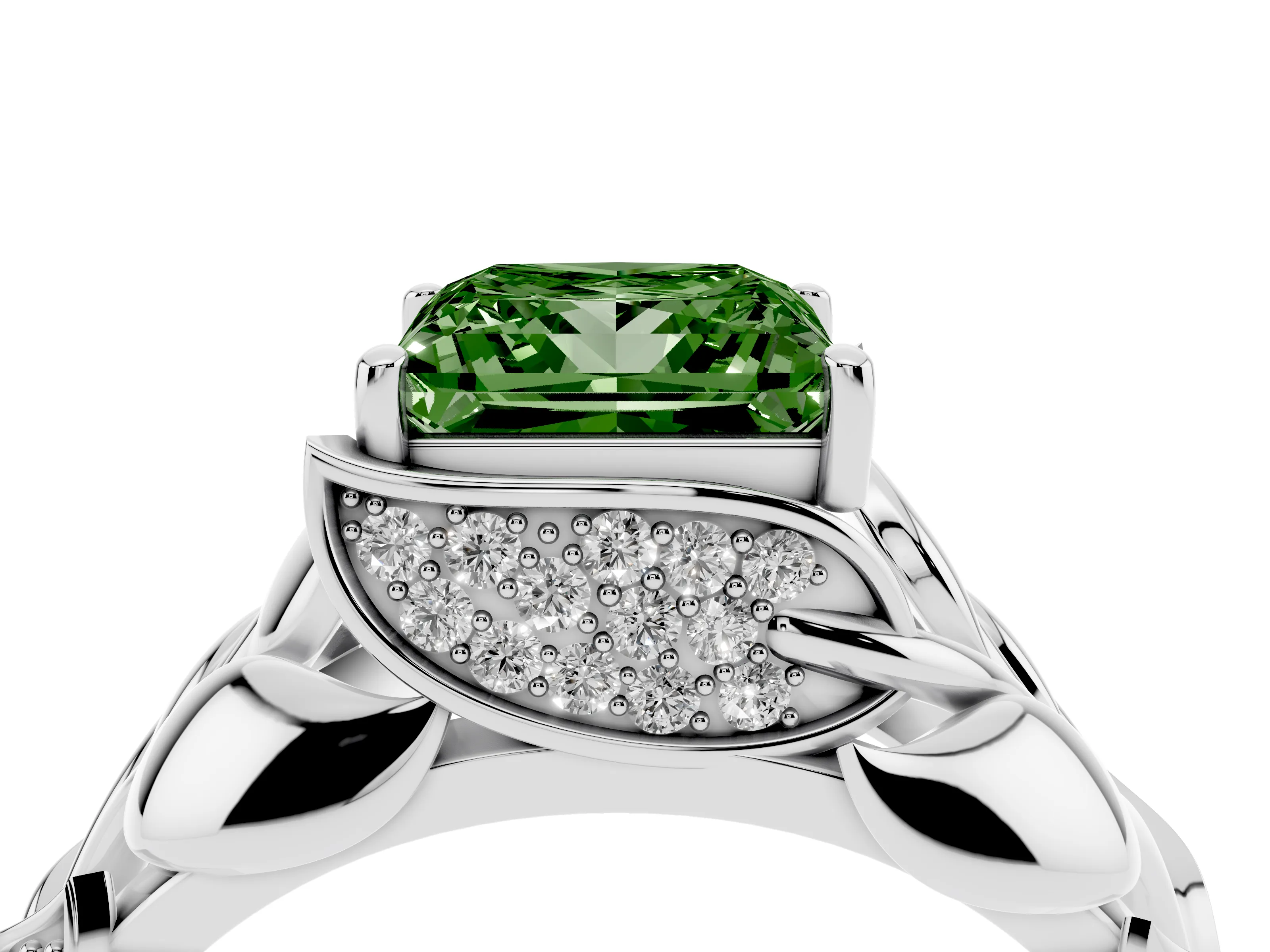 Fancy Green Princess Cut Diamond Leaf-Inspired Engagement Ring Set in Platinum with Round Accents