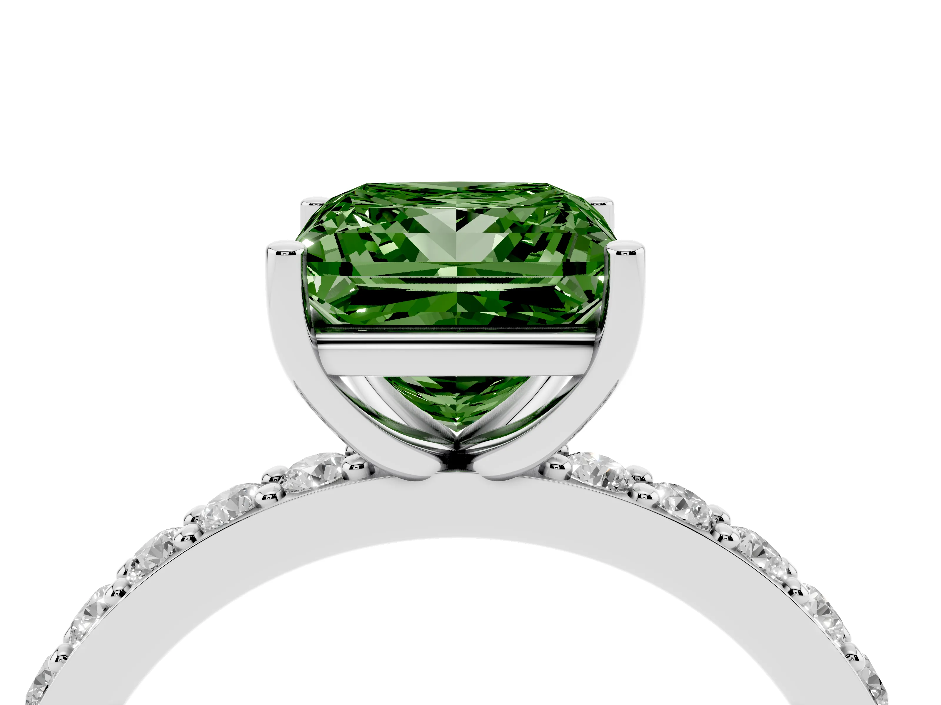 Fancy Green Princess Cut Diamond Solitaire Set in Platinum with Round Pavé Band and Prong Setting