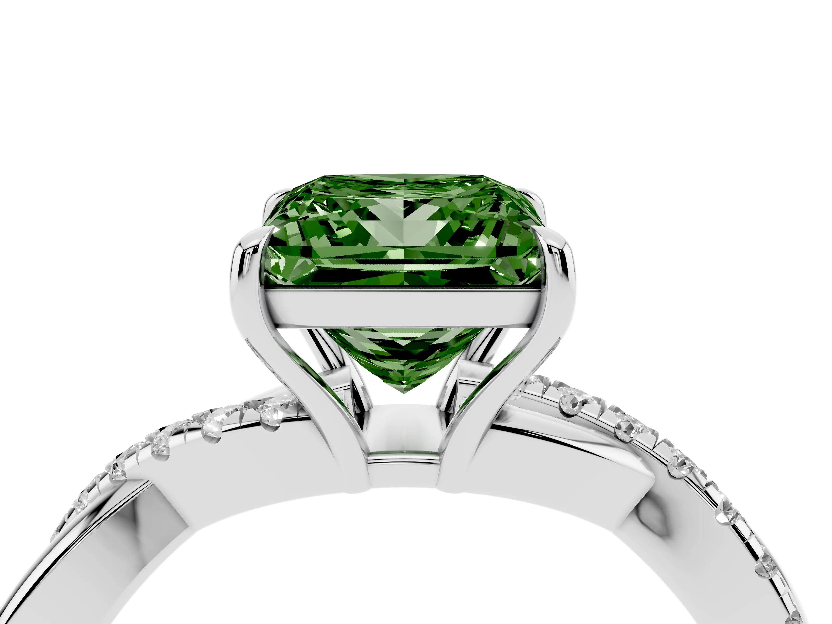 Fancy Green Princess Cut Diamond Twisted Pavé Band Ring Set in Silver with Prong Setting