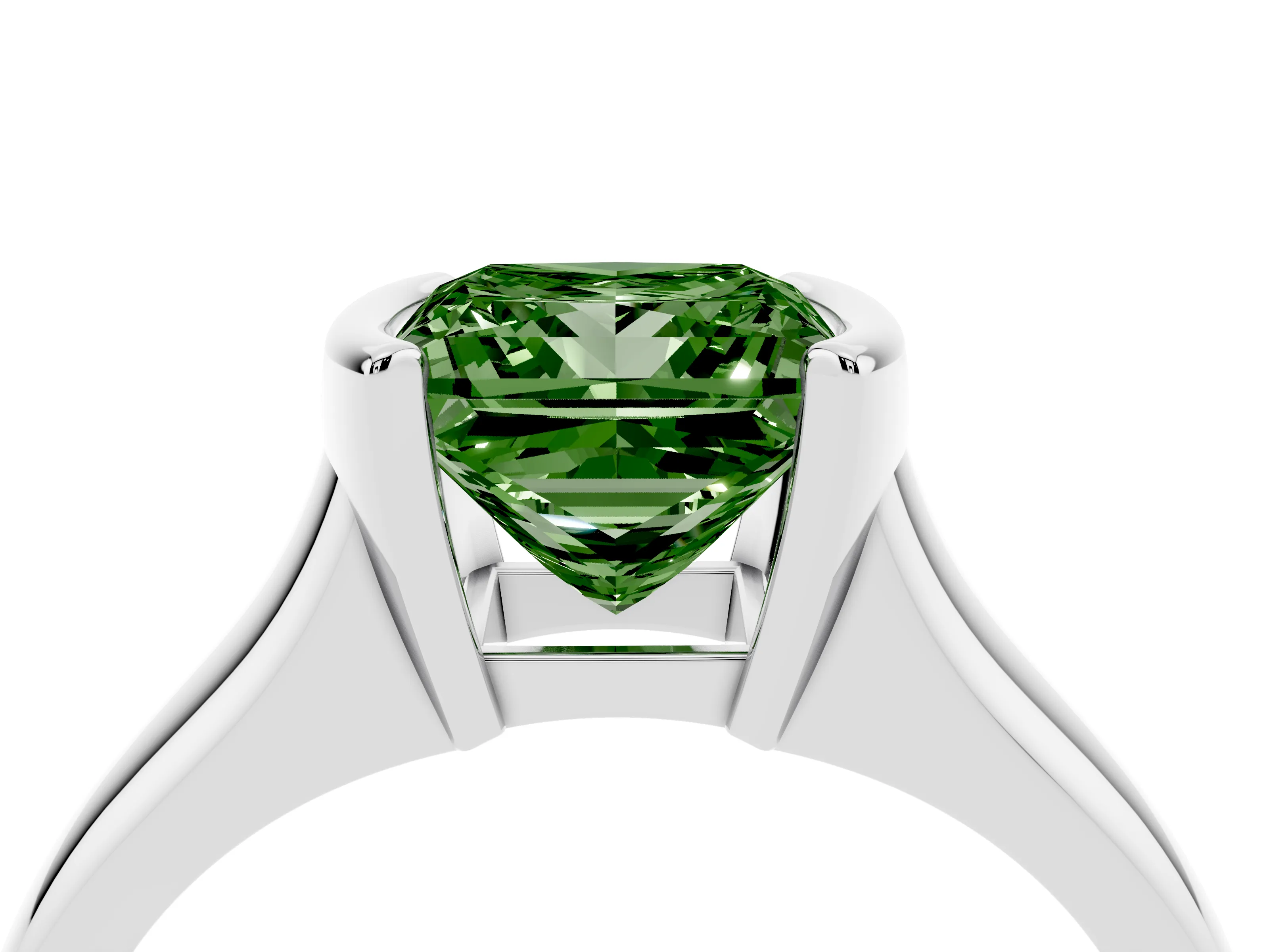 Fancy Green Princess Cut Diamond Solitaire Tension Set Ring Set in White gold with Split Shank Band